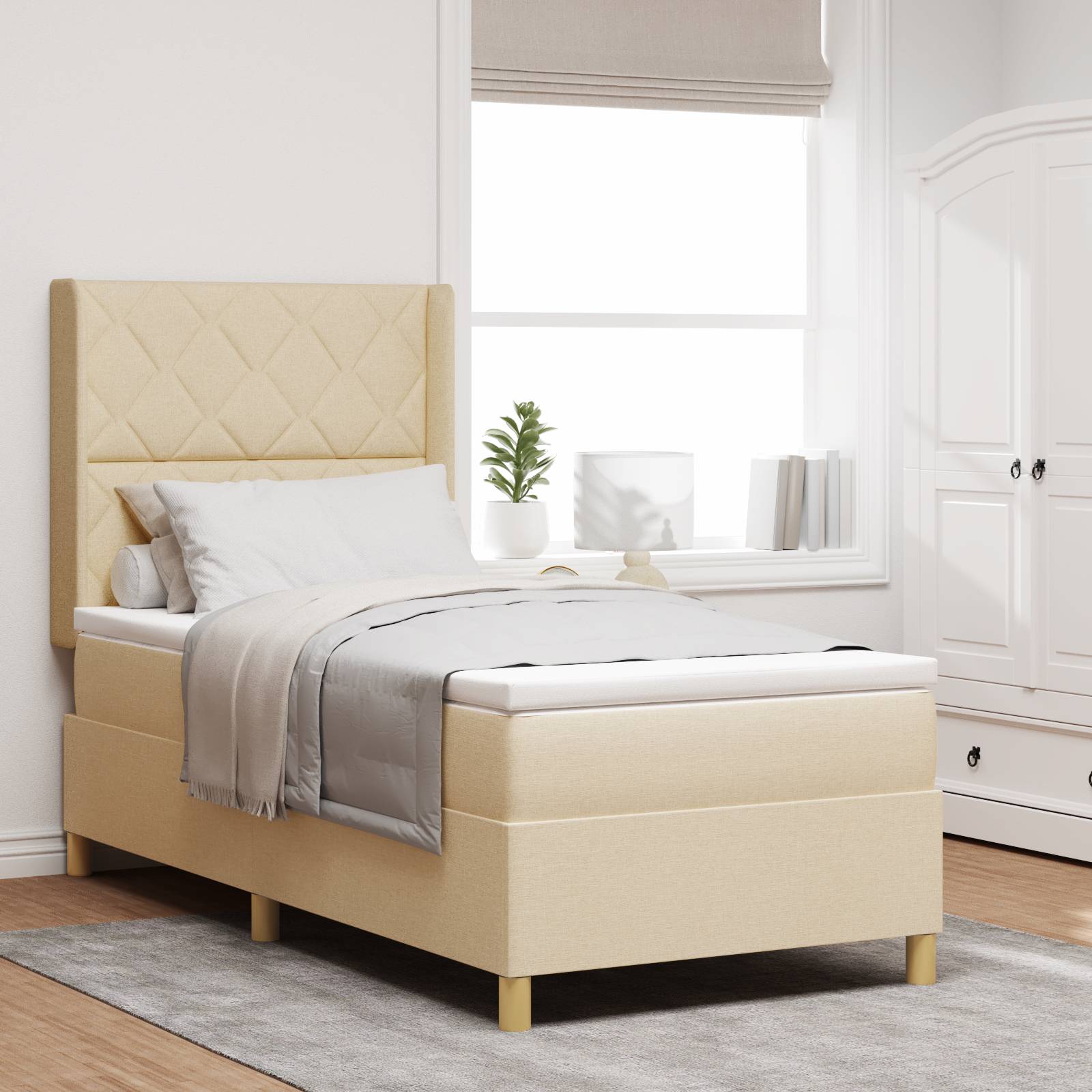 vidaXL LED Boxspringbett mit Matratze Creme 90x190 cm Stoff