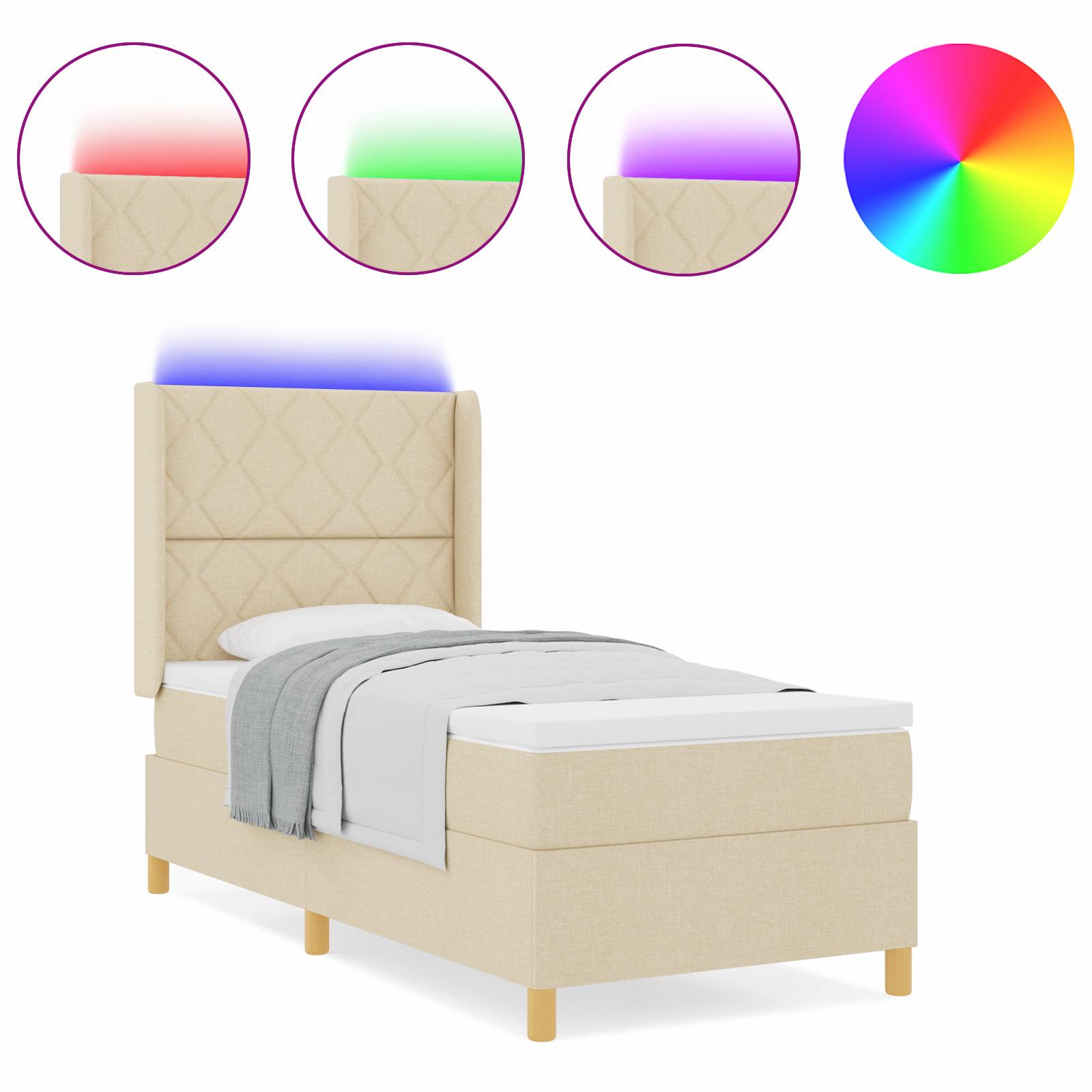 vidaXL LED Boxspringbett mit Matratze Creme 90x190 cm Stoff