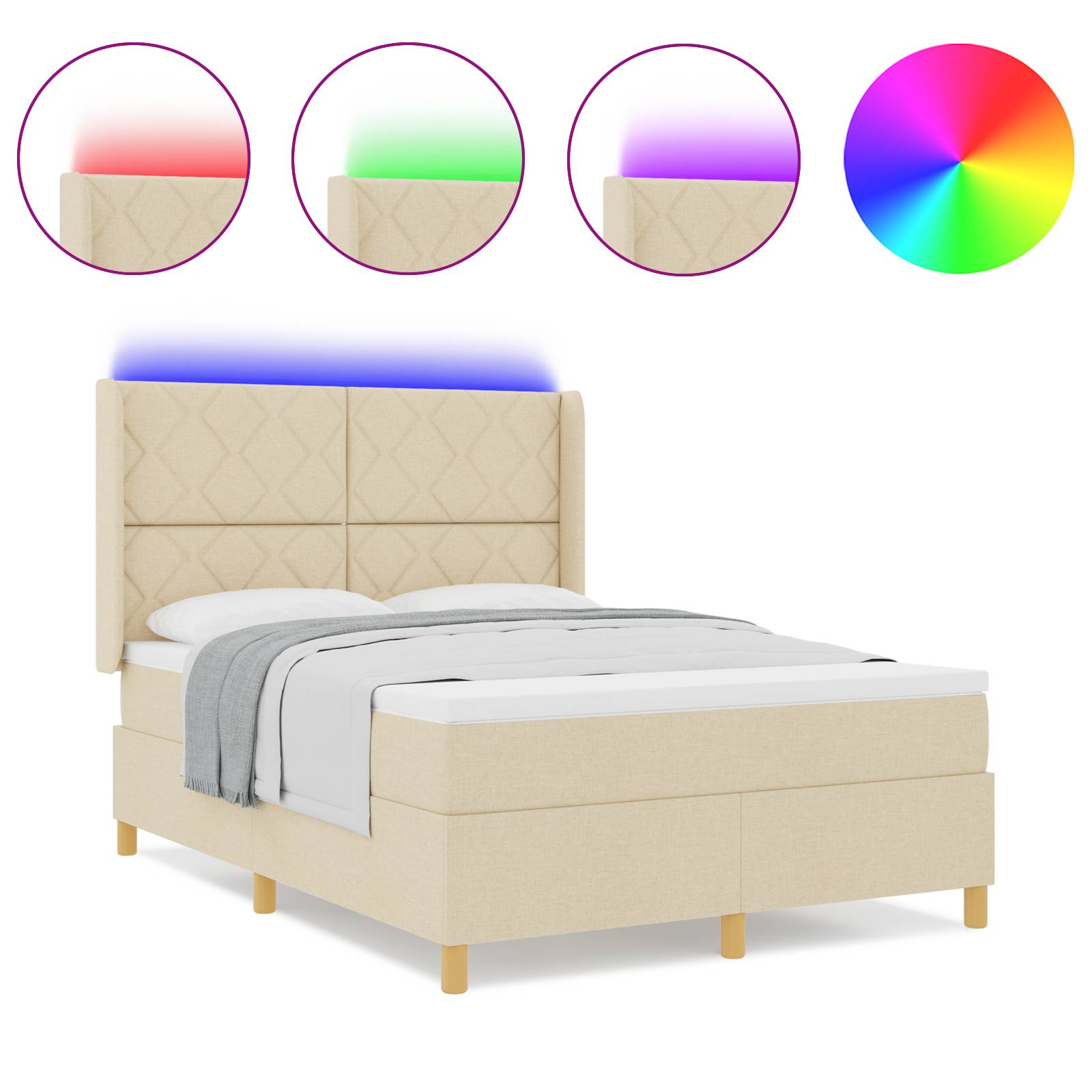 vidaXL LED Boxspringbett mit Matratze Creme 140x200 cm Stoff