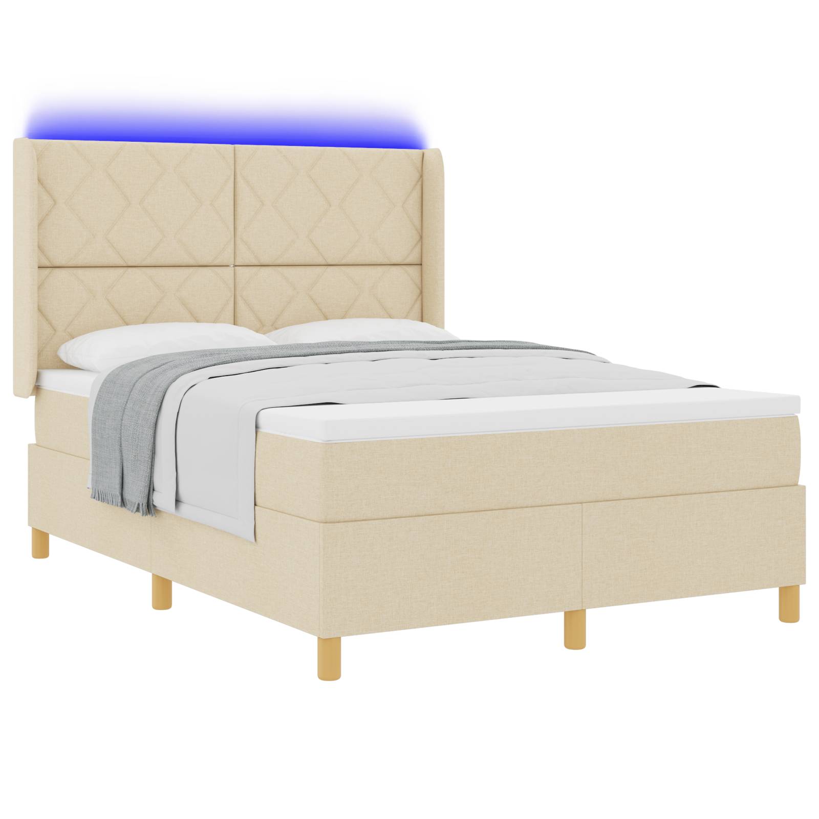 vidaXL LED Boxspringbett mit Matratze Creme 140x200 cm Stoff