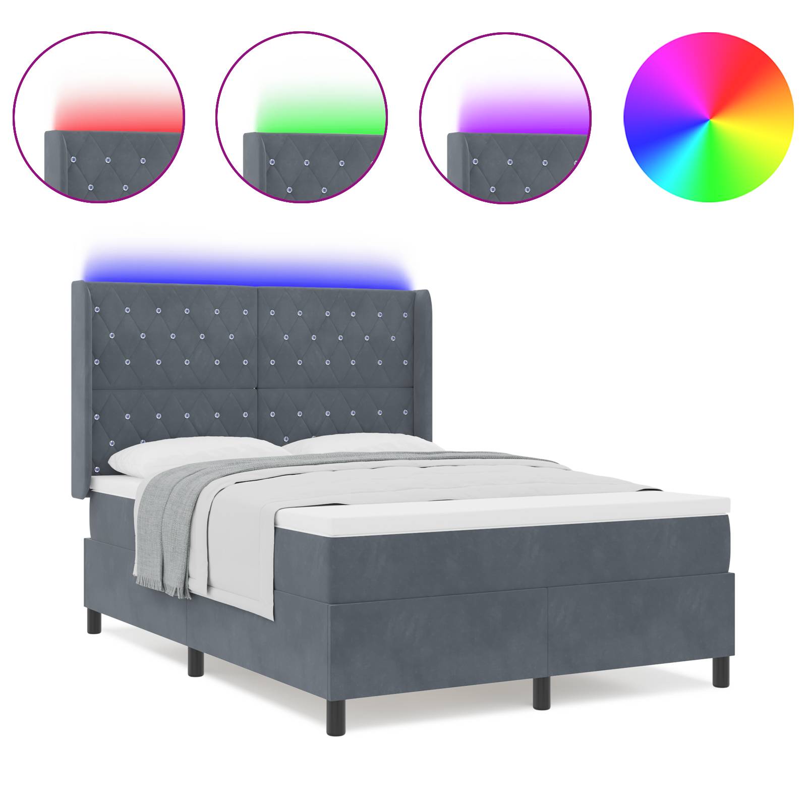 vidaXL LED Boxspringbett mit Matratze Dunkelgrau 140x200 cm Samt