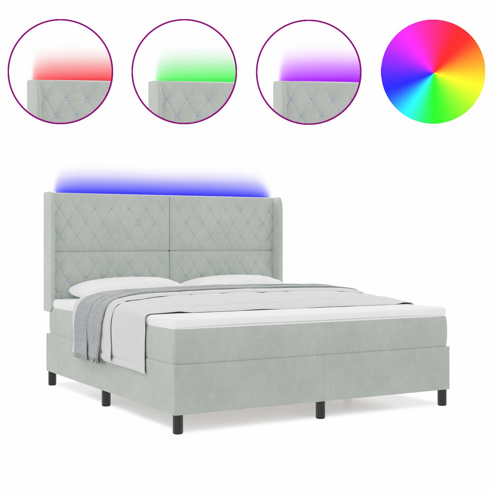 vidaXL LED Boxspringbett mit Matratze Hellgrau 180x200 cm Samt