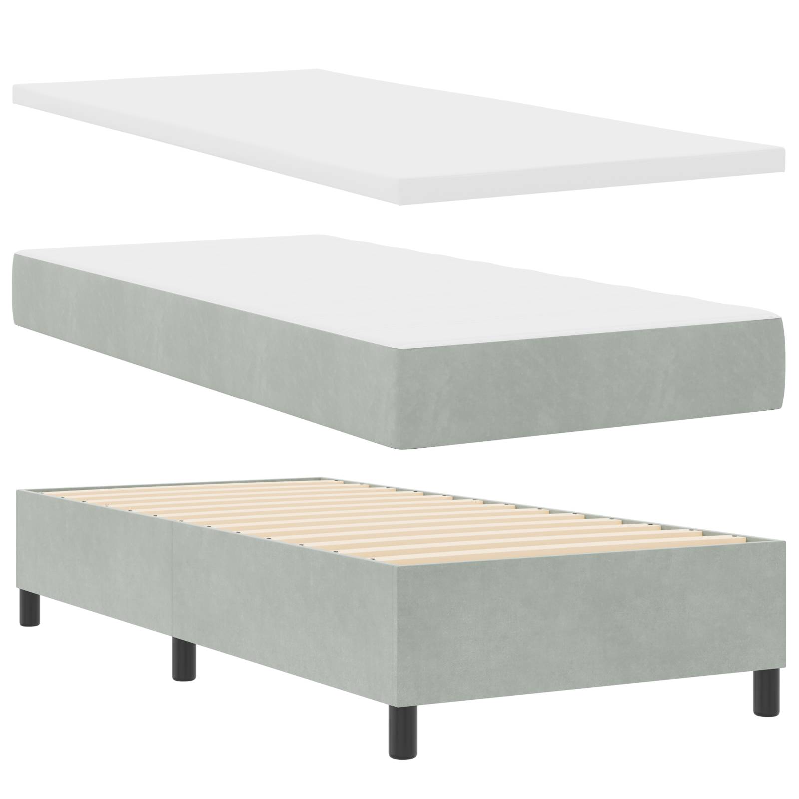 vidaXL Boxspringbett mit Matratze & Bank Hellgrau 90x190 cm Samt