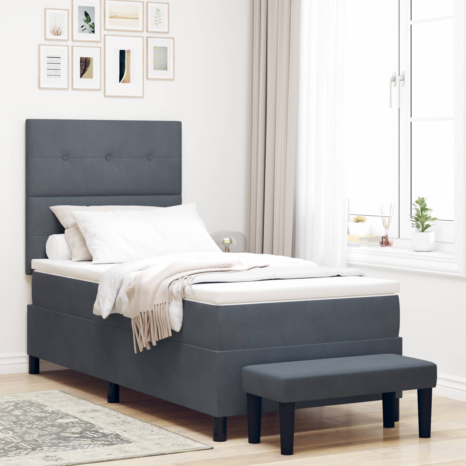 vidaXL Boxspringbett mit Matratze & Bank Dunkelgrau 100x200 cm Samt