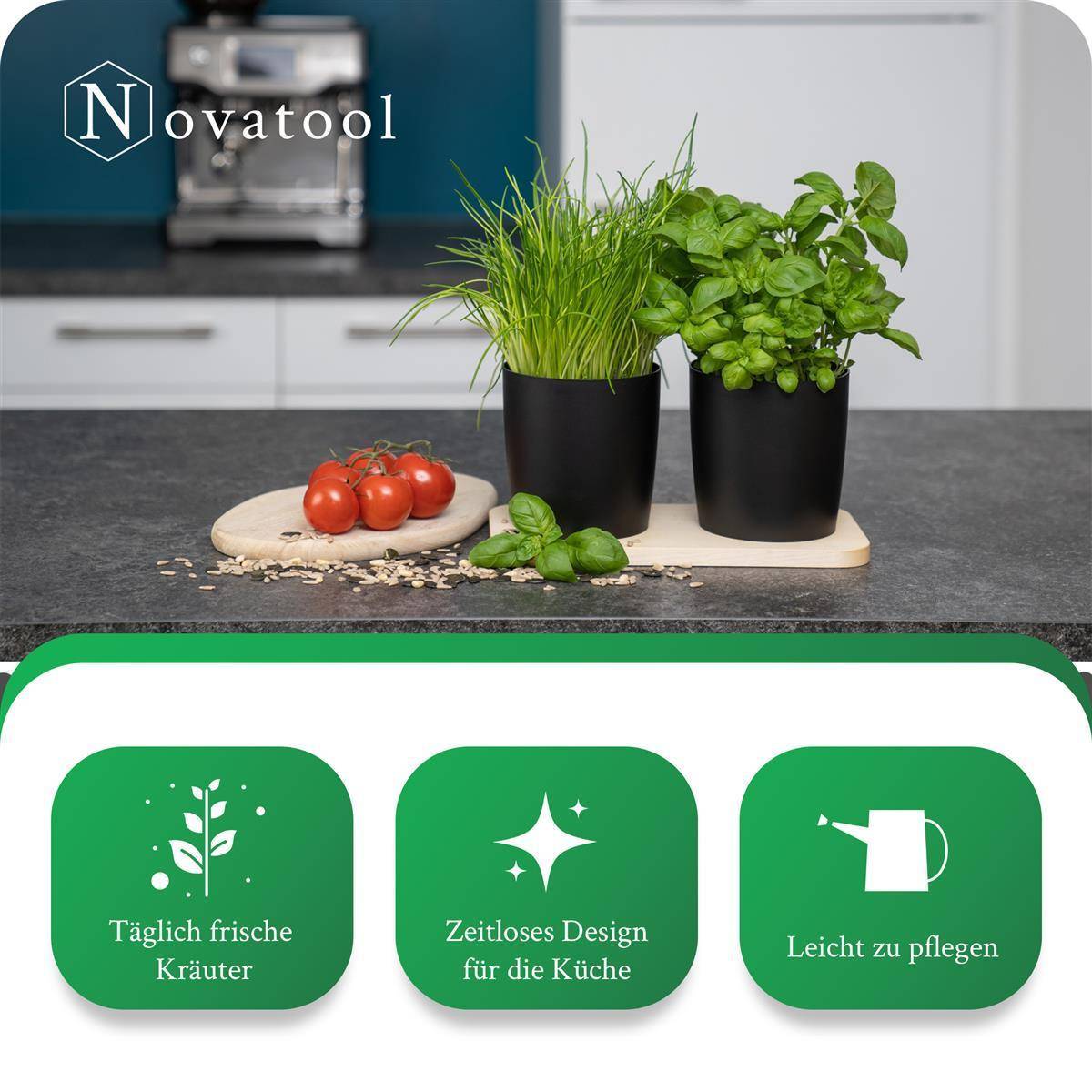 Novaliv Stilvolle Kräuterstation 2er Set mit Holzunterlage und 2 Kräutertöpfe für jede Fensterbank, Für frische Küchenkräuter, Kräutergarten f