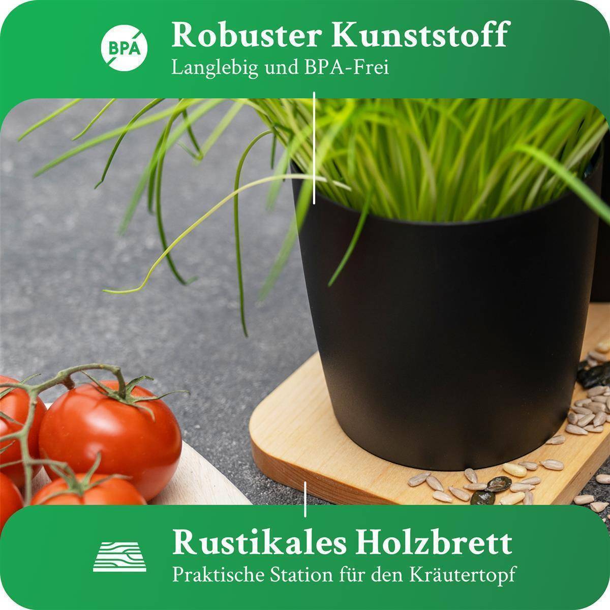 Novaliv Stilvolle Kräuterstation 3er Set mit Holzunterlage - Kräutertopf für jede Fensterbank, Für frische Küchenkräuter, Kräutergarten für di