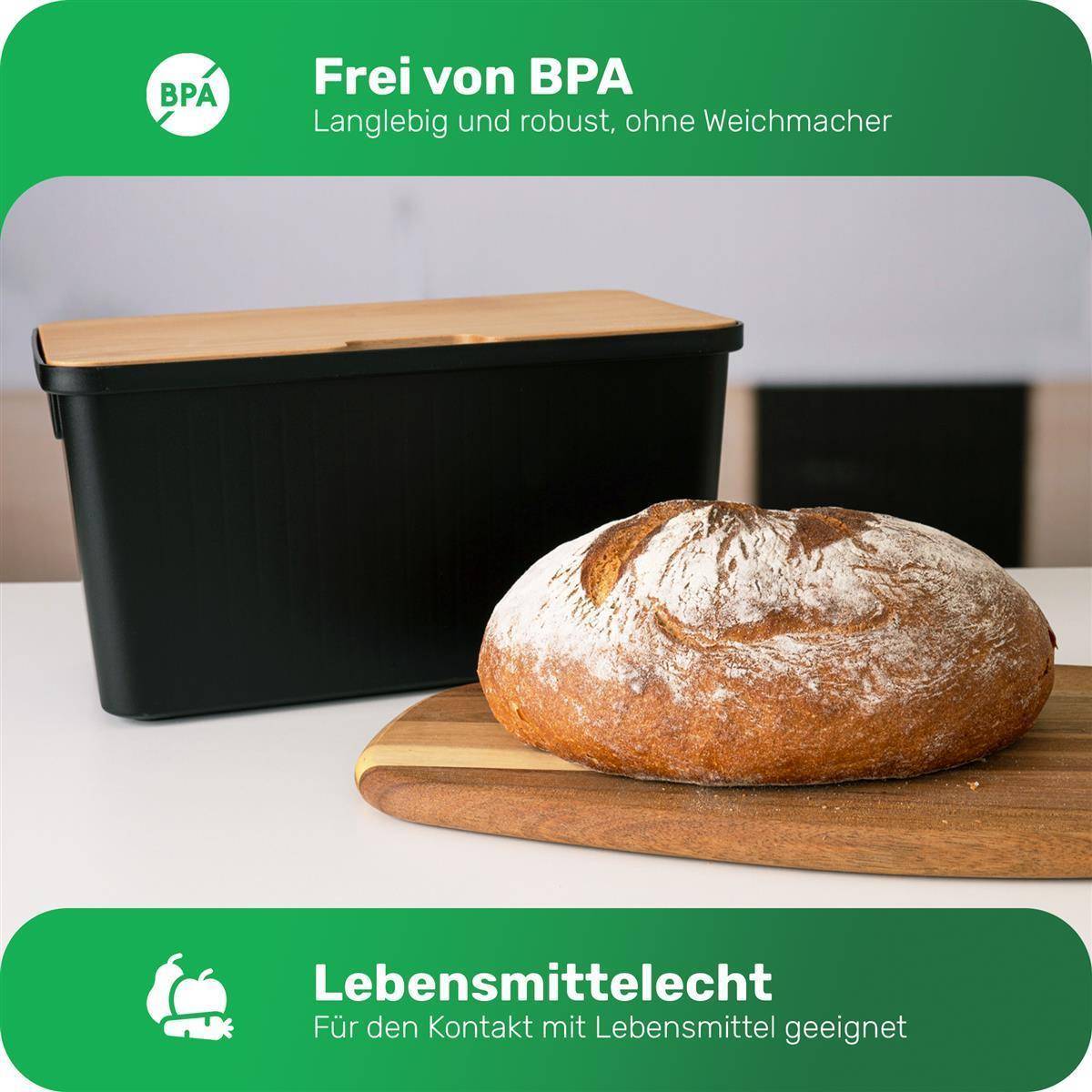 Novaliv Brotkasten mit Deckel 32x20x16,5cm Brotbox für Brotaufbewahrung Brotkasten Holz für Brot frischhalten 7,3L Brotkasten schwarz Brot box für