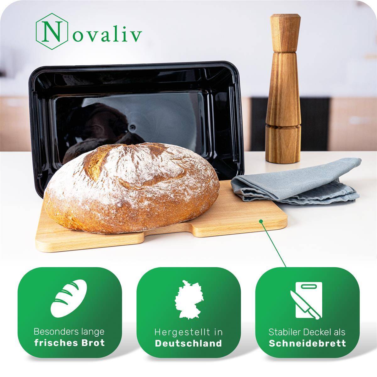 Novaliv Brotkasten mit Deckel 32x20x16,5cm Brotbox für Brotaufbewahrung Brotkasten Holz für Brot frischhalten 7,3L Brotkasten schwarz Brot box für