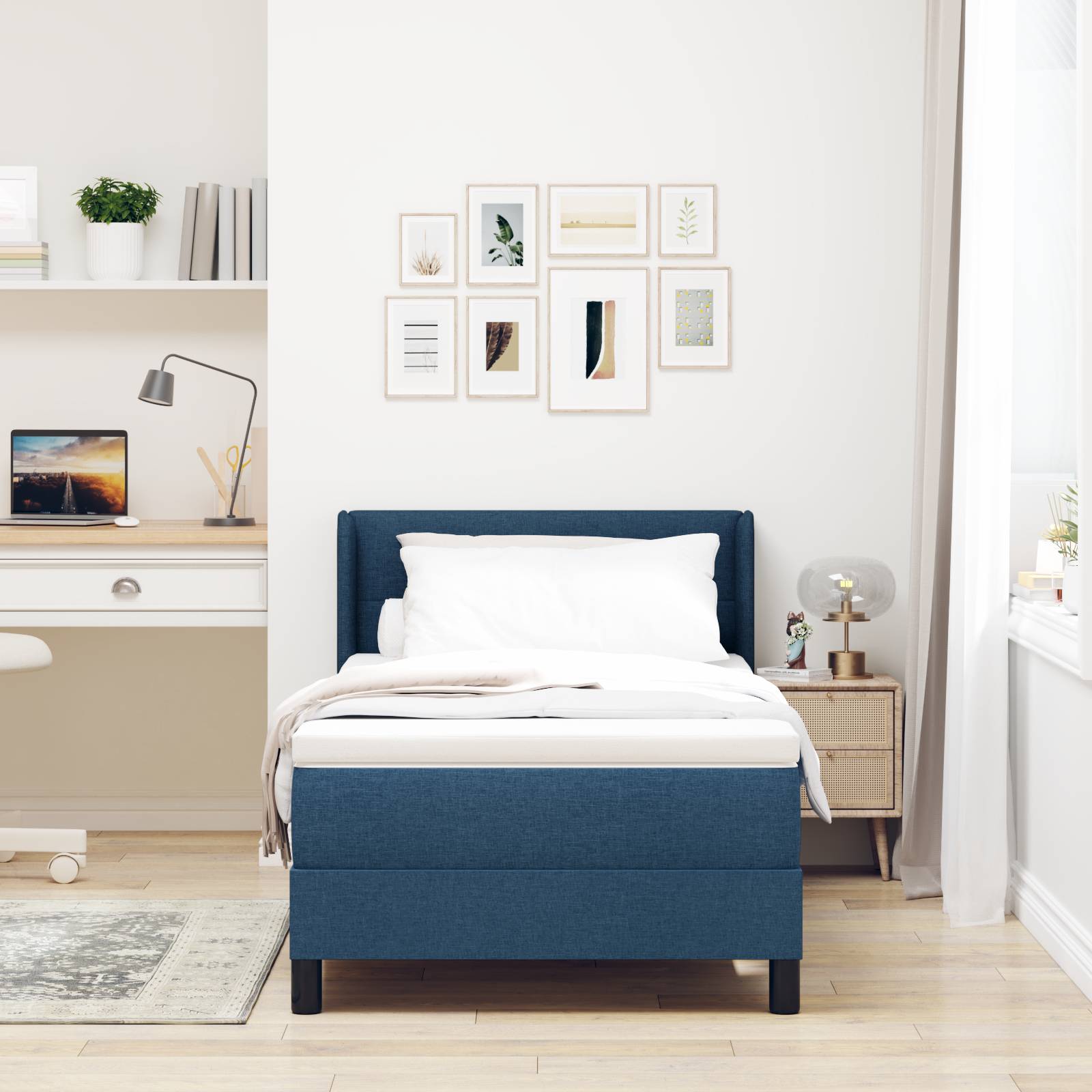 vidaXL Boxspringbett mit Matratze in Blau – 90 x 200 cm, Stoff