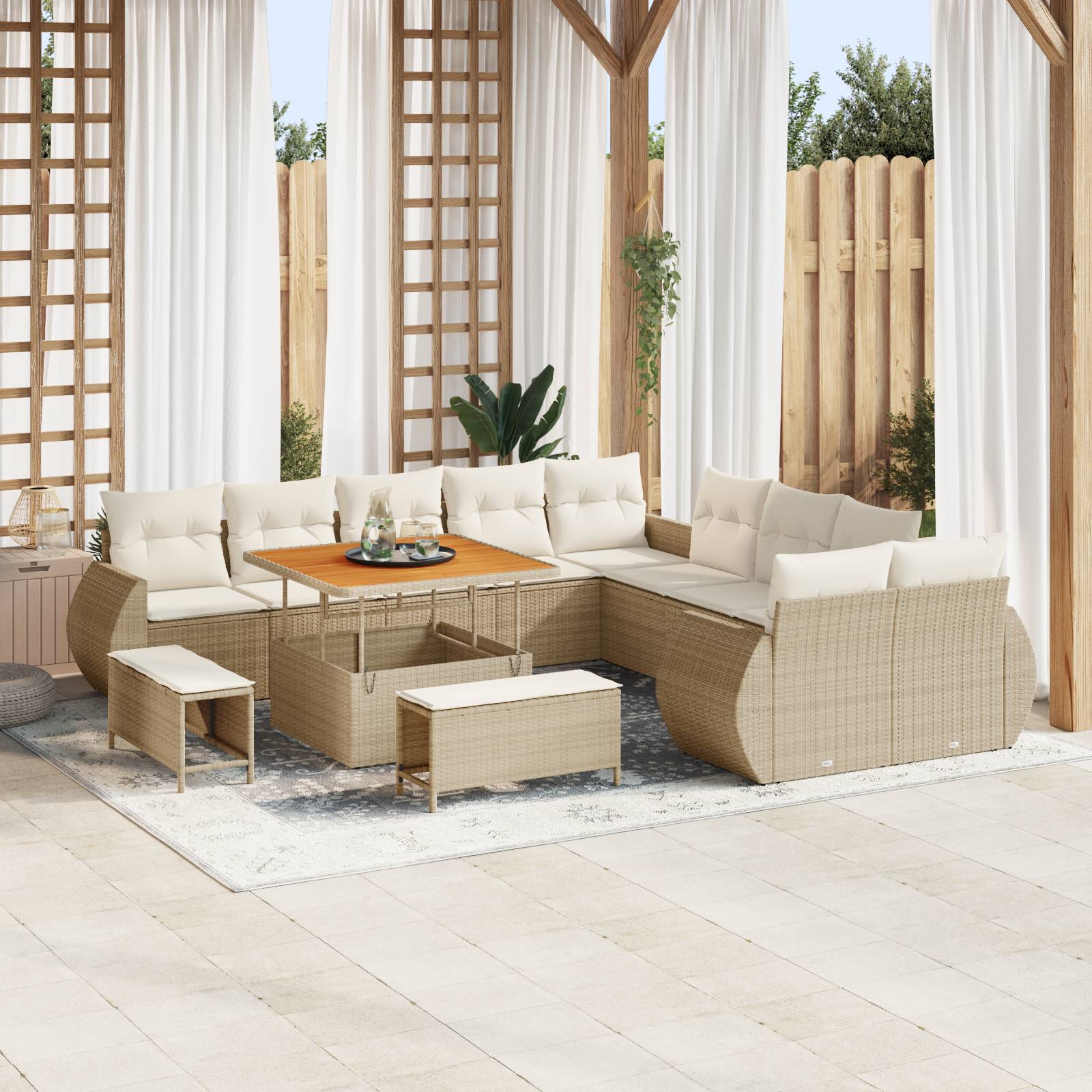 vidaXL 13-teiliges Garten-Sofa-Set mit Kissen Beige Poly-Rattan Akazie