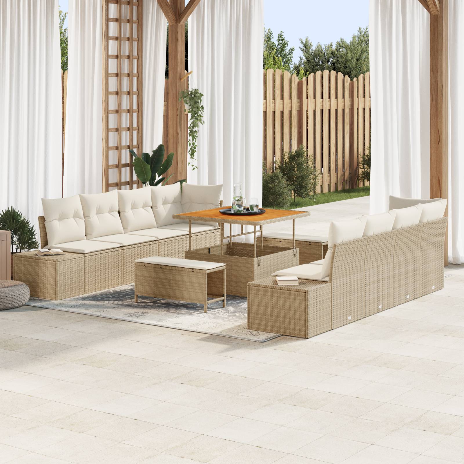 vidaXL 11-teiliges Garten-Sofa-Set mit Kissen Beige Poly Rattan Akazie