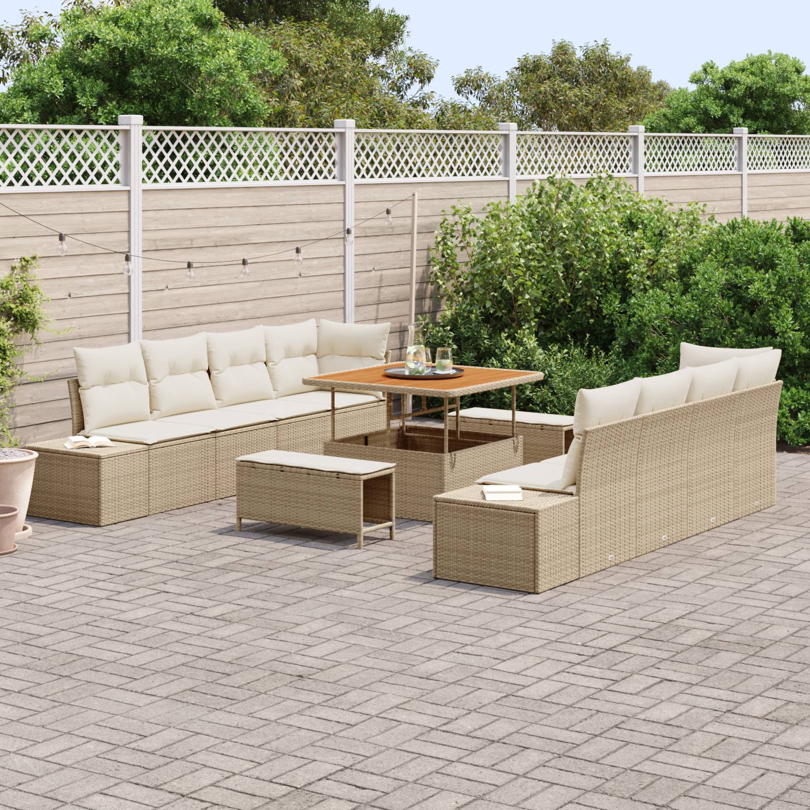 vidaXL 11-teiliges Garten-Sofa-Set mit Kissen Beige Poly Rattan Akazie