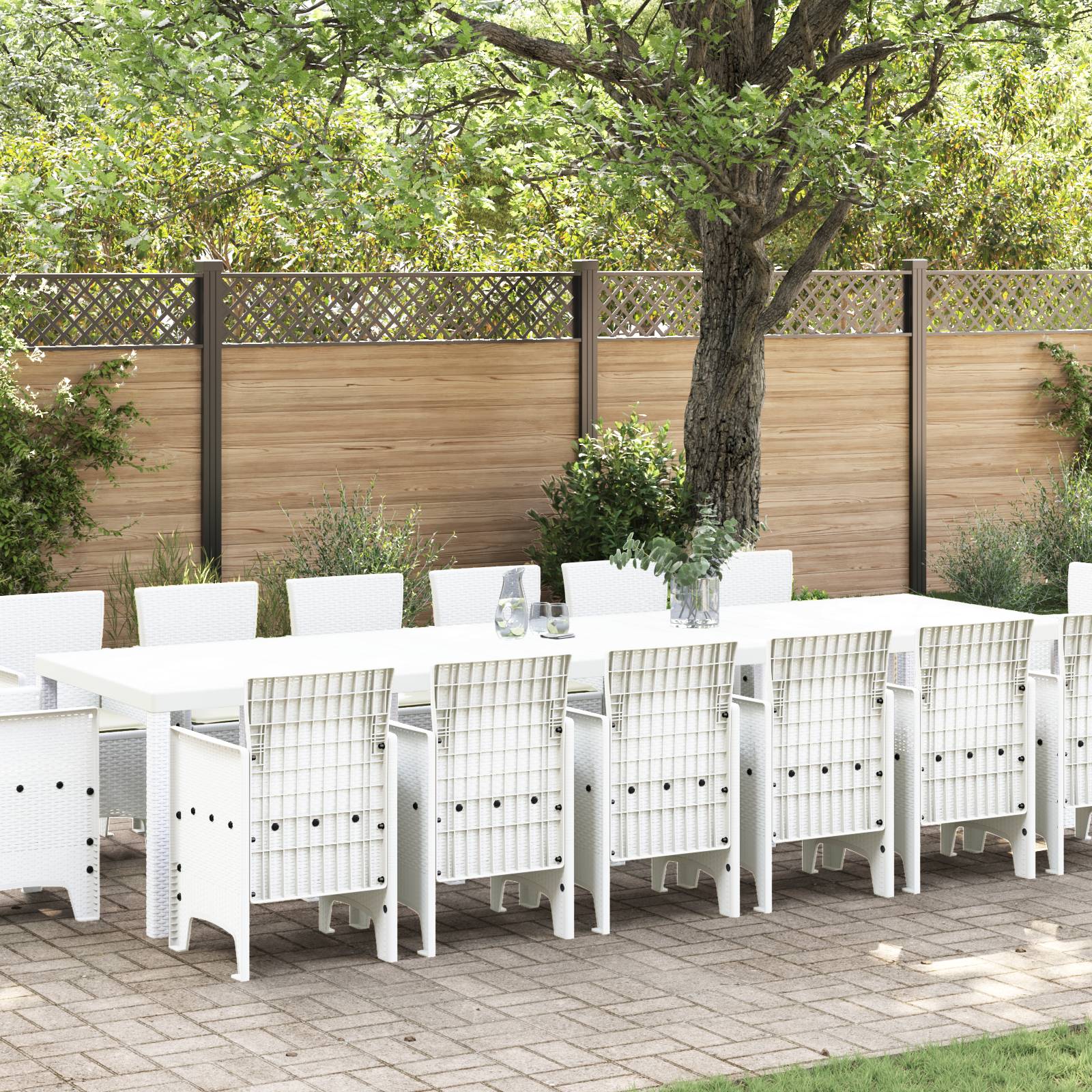 vidaXL 15-teiliges Garten-Essset mit Polstern Weiß Poly-Rattan