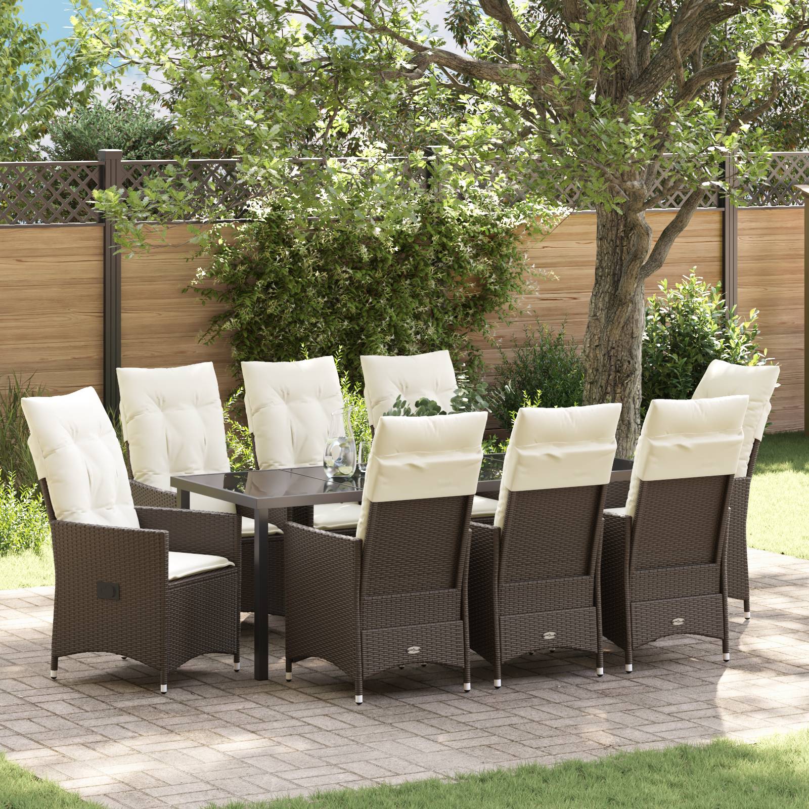 vidaXL 9-teiliges Garten-Esszimmer-Set mit Kissen in Braun aus Poly-Rattan