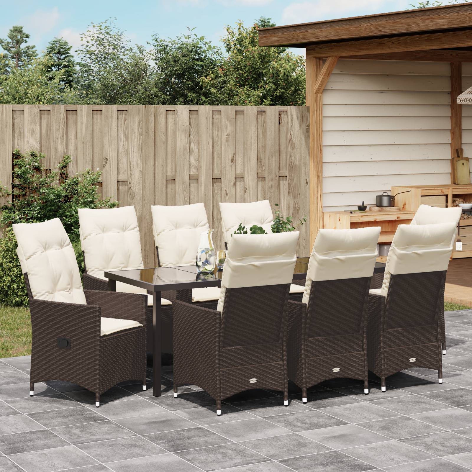 vidaXL 9-teiliges Garten-Esszimmer-Set mit Kissen in Braun aus Poly-Rattan