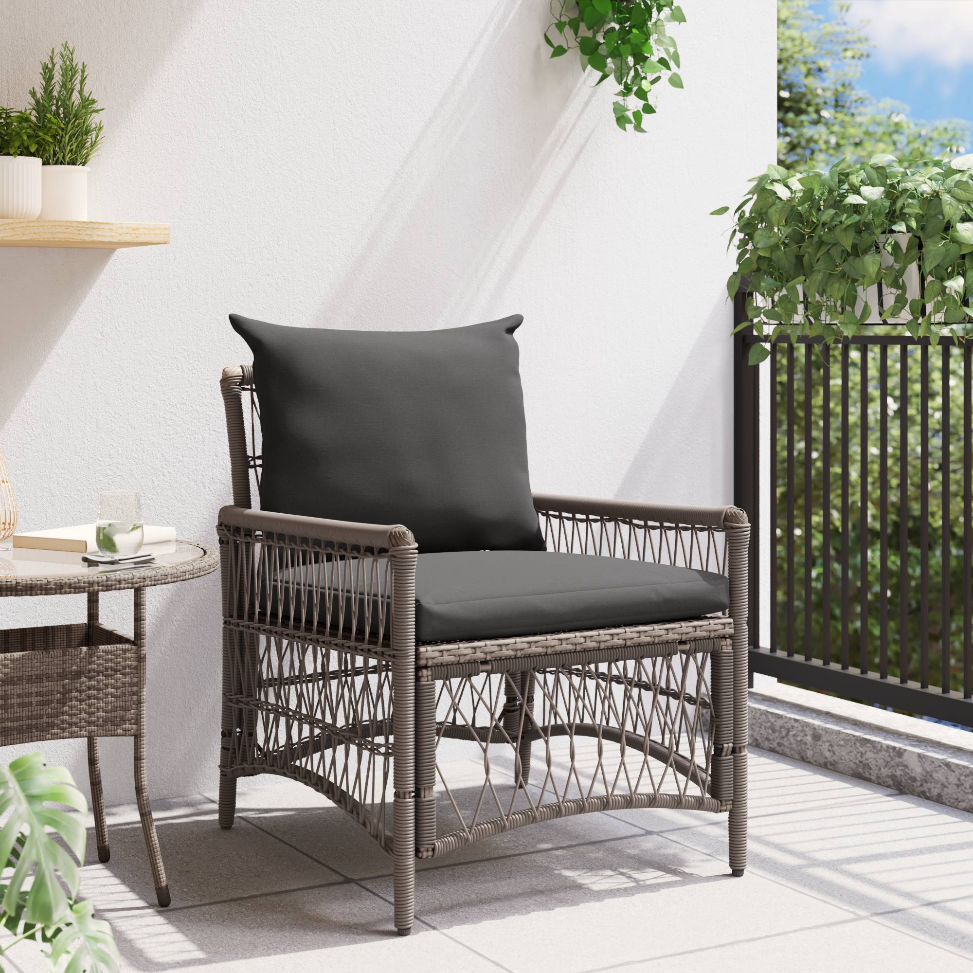 vidaXL Gartenstuhl mit Kissen Grau Poly Rattan
