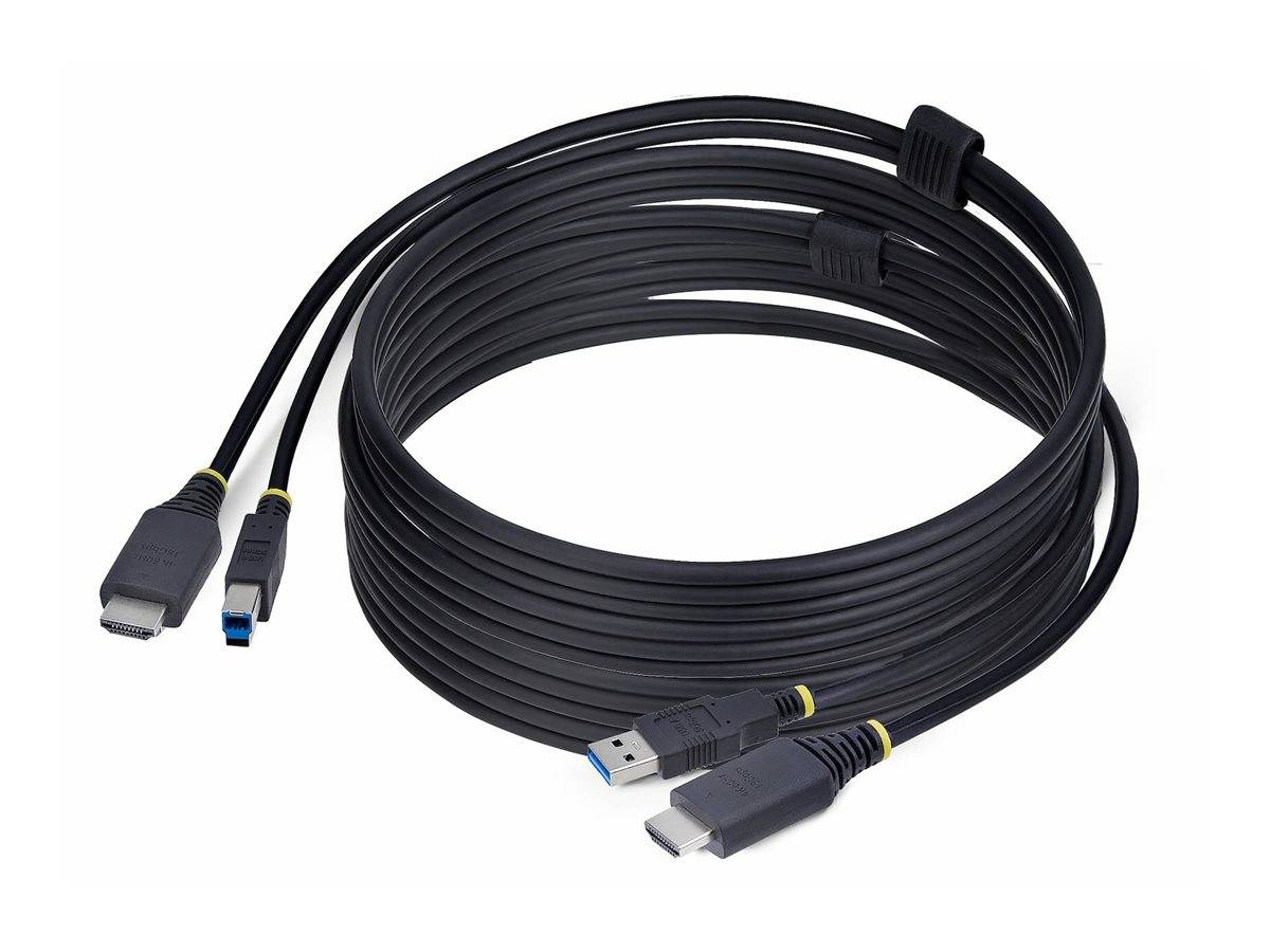 Ein langes schwarzes USB-Kabel mit Anschlüssen an beiden Enden, zu einer Spirale gewickelt, mit USB-A- und USB-C-Steckern.