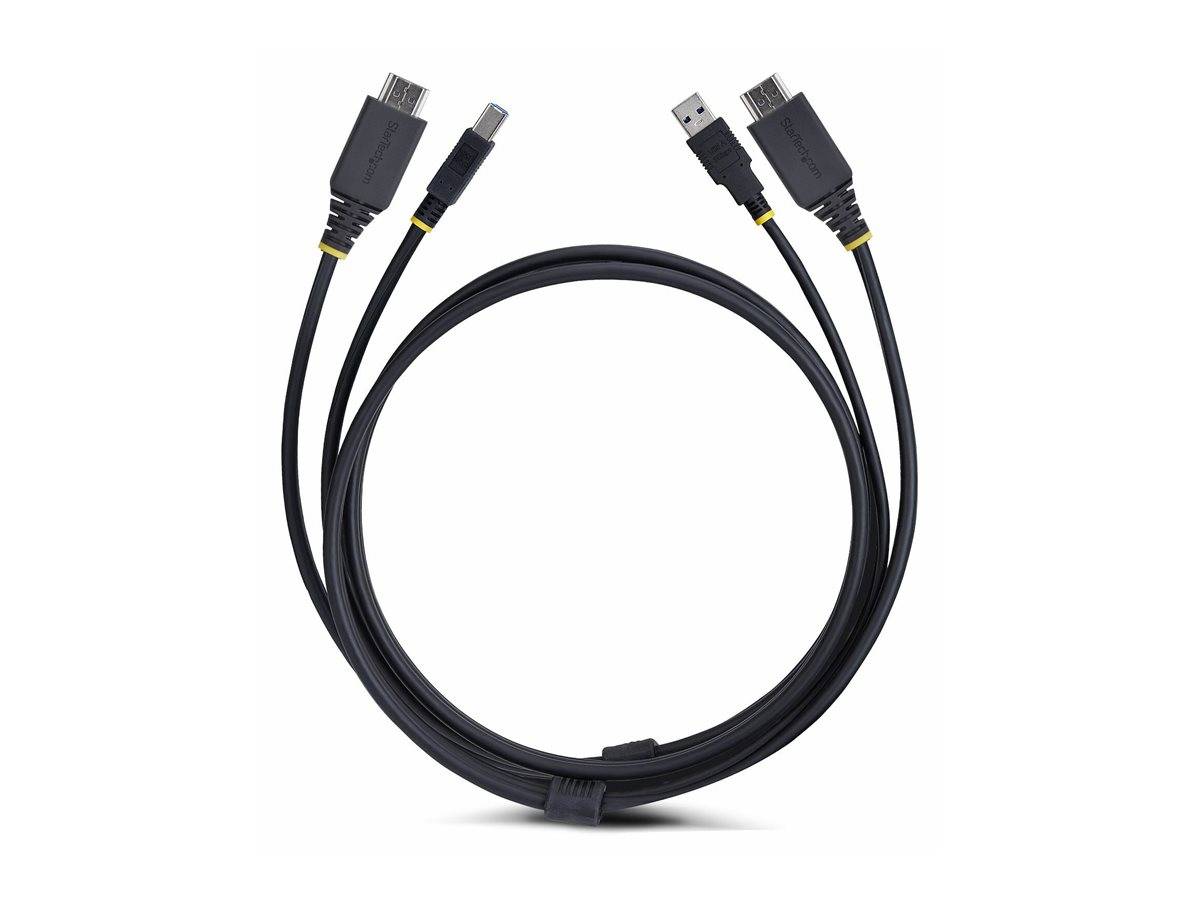 Ein schwarzes USB-Kabel mit zwei Anschlüssen: ein Standard-USB-Stecker auf der einen Seite und ein Micro-USB-Stecker auf der anderen Seite, in Form eines U auf weißem Hintergrund ausgelegt.