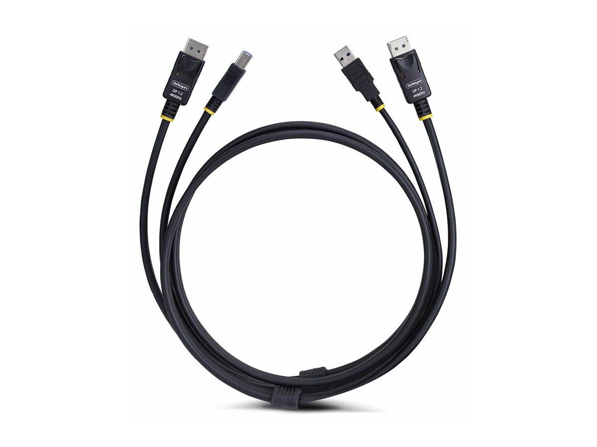 Ein schwarzes Kabel mit zwei DisplayPort-Anschlüssen und einem USB-C-Anschluss, das zum Anschließen von Geräten wie Monitoren und Computern verwendet wird.