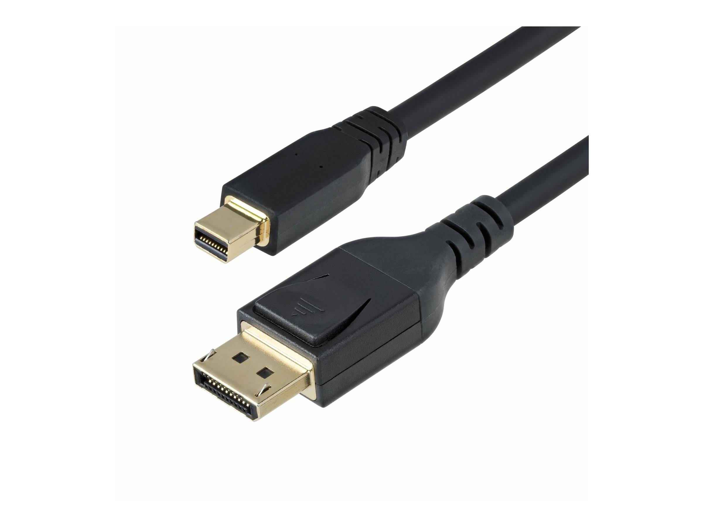 Ein schwarzes DisplayPort zu Mini DisplayPort Kabel mit goldenen Anschlüssen, verwendet zum Anschluss von Computern an Monitore oder andere Anzeigevorrichtungen.