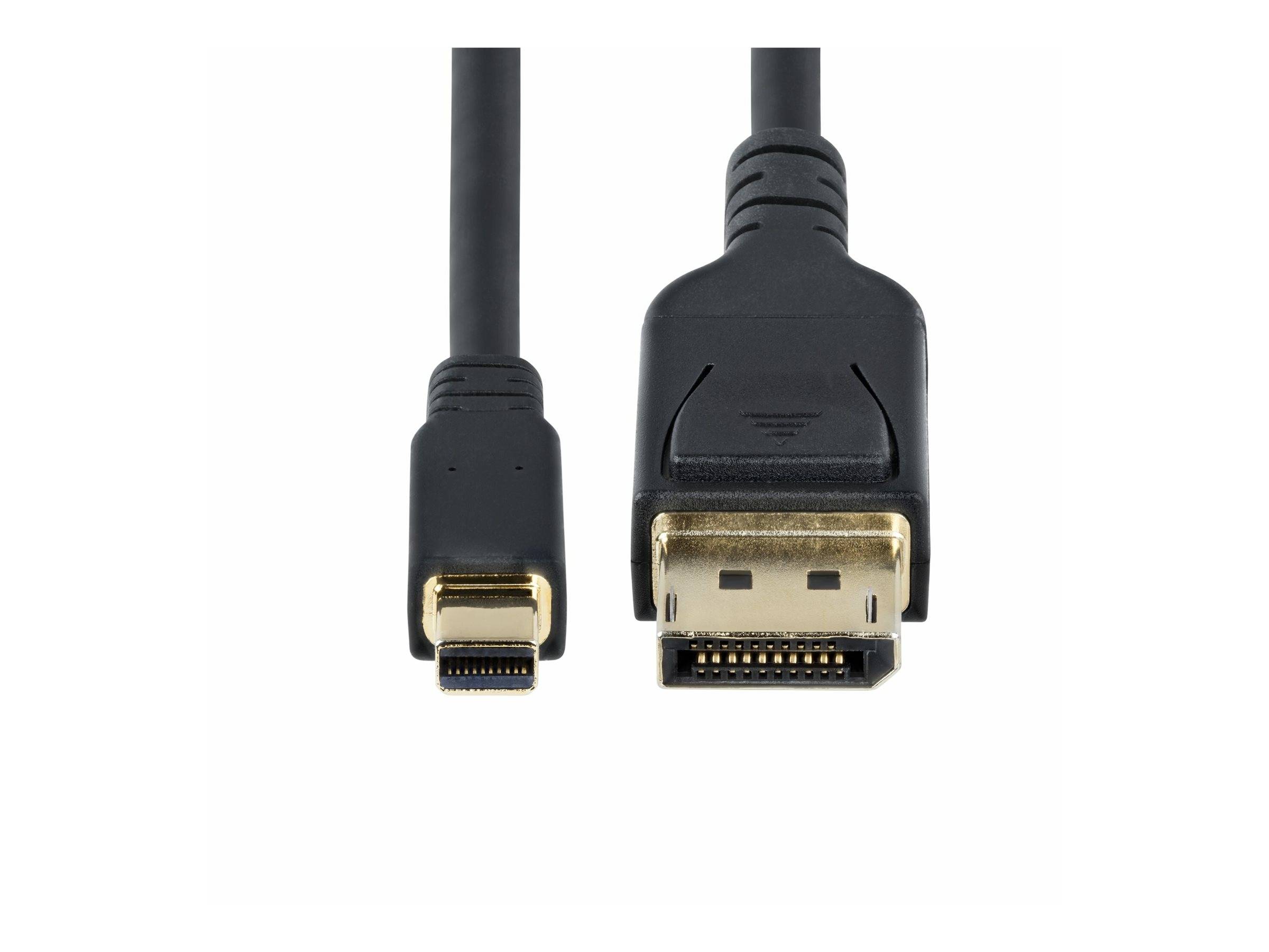 Ein schwarzes Mini-DisplayPort-Kabel neben einem schwarzen DisplayPort-Kabel mit voller Größe, das den Größenunterschied und die Details der Anschlüsse zeigt.