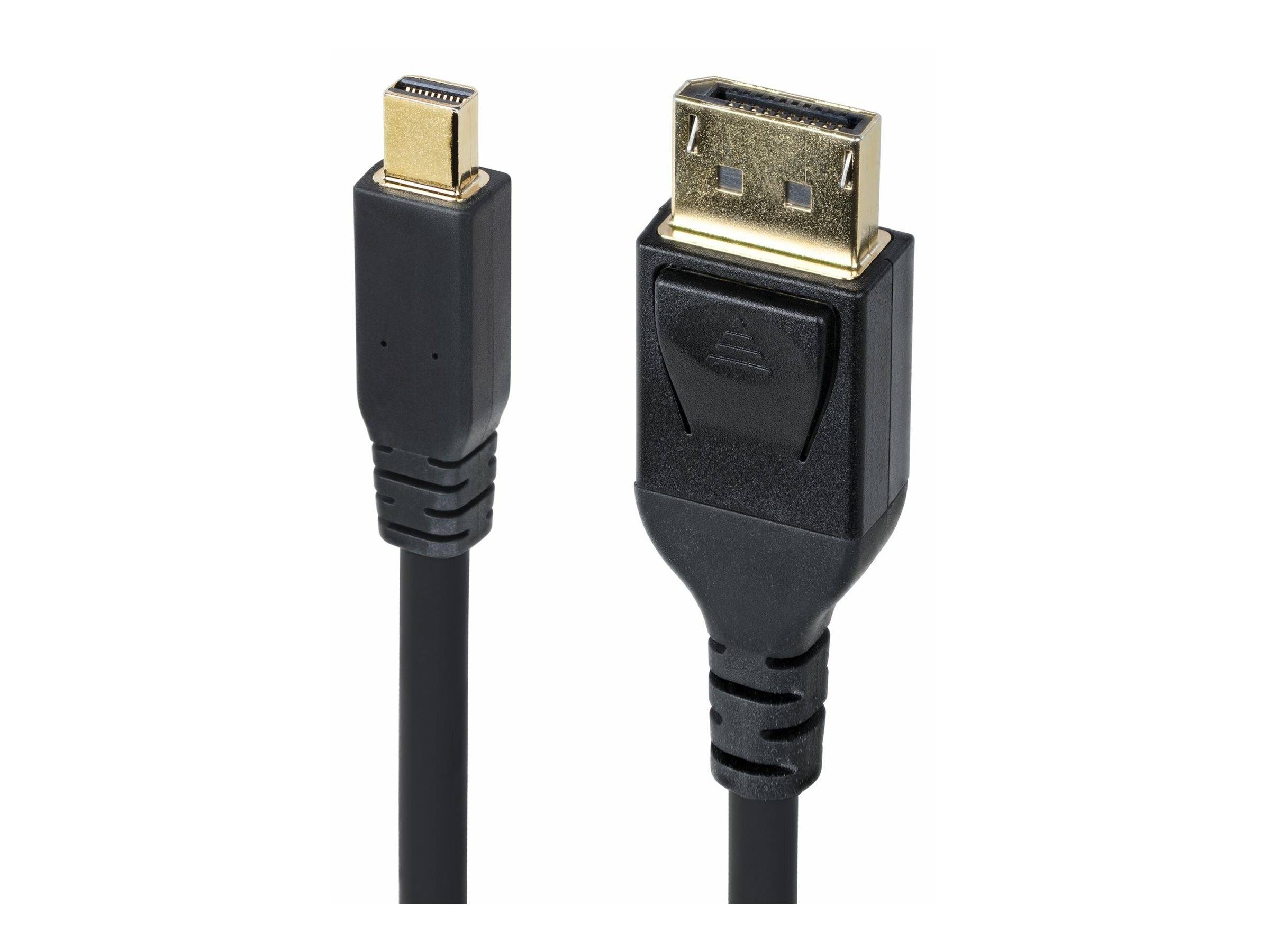 Nahaufnahme eines Kabels mit zwei vergoldeten HDMI-ähnlichen Steckern, wobei der kleinere Stecker auf der linken Seite und der Standard-Stecker auf der rechten Seite zu sehen ist.