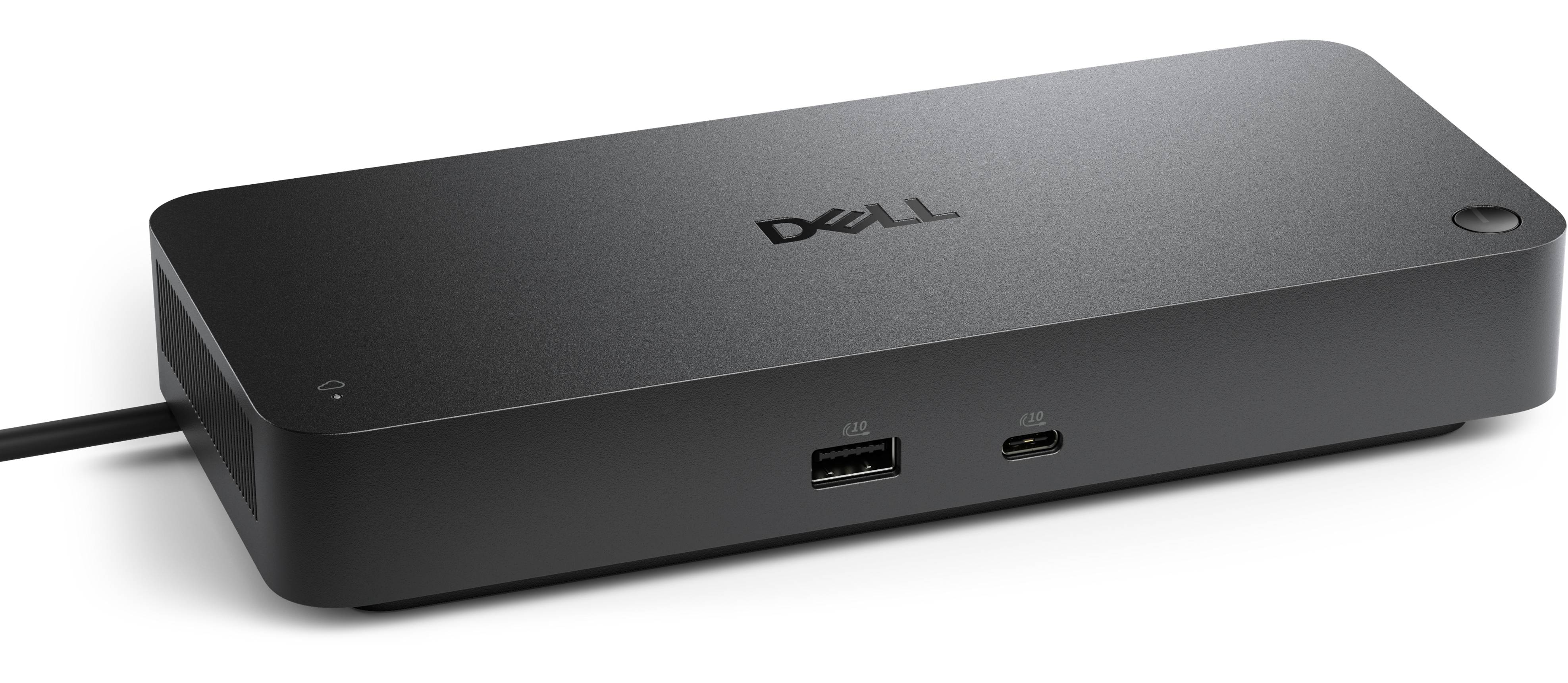 Kompakte Dell-Dockingstation mit zwei USB-Anschlüssen an der Vorderseite und einem verbundenen Kabel auf der linken Seite.