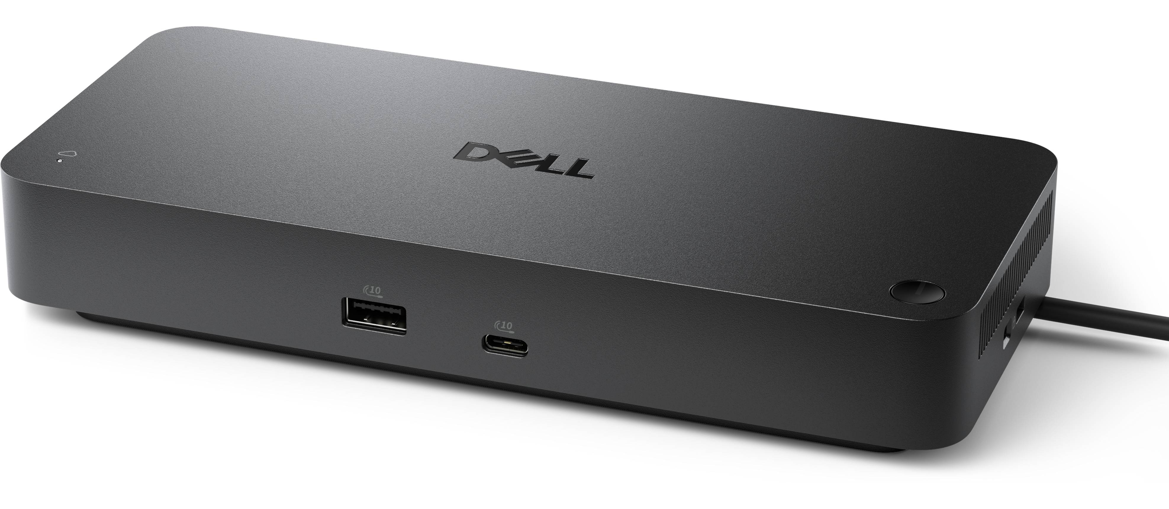 Dell-Dockingstation mit USB-A- und USB-C-Anschlüssen auf der Vorderseite und einem verbundenen Kabel auf der rechten Seite.