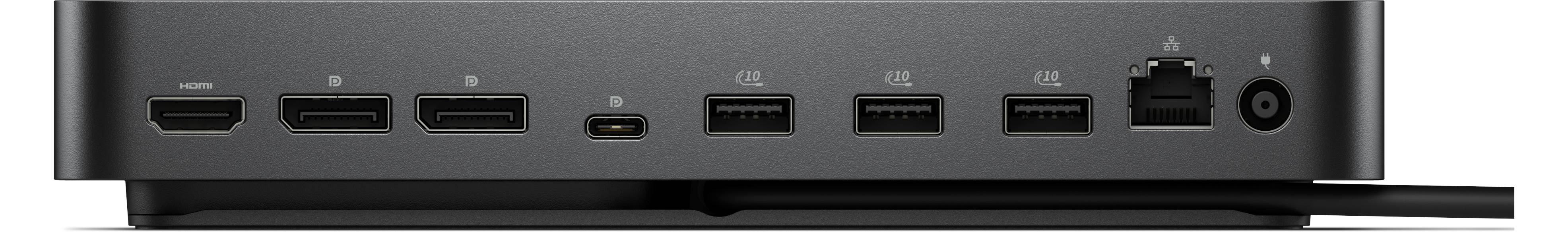 Nahaufnahme der Anschlüsse auf der linken Seite eines Laptops: HDMI, zwei USB-A-Anschlüsse, USB-C, zwei weitere USB-A-Anschlüsse, Ethernet und eine Stromanschlussbuchse.