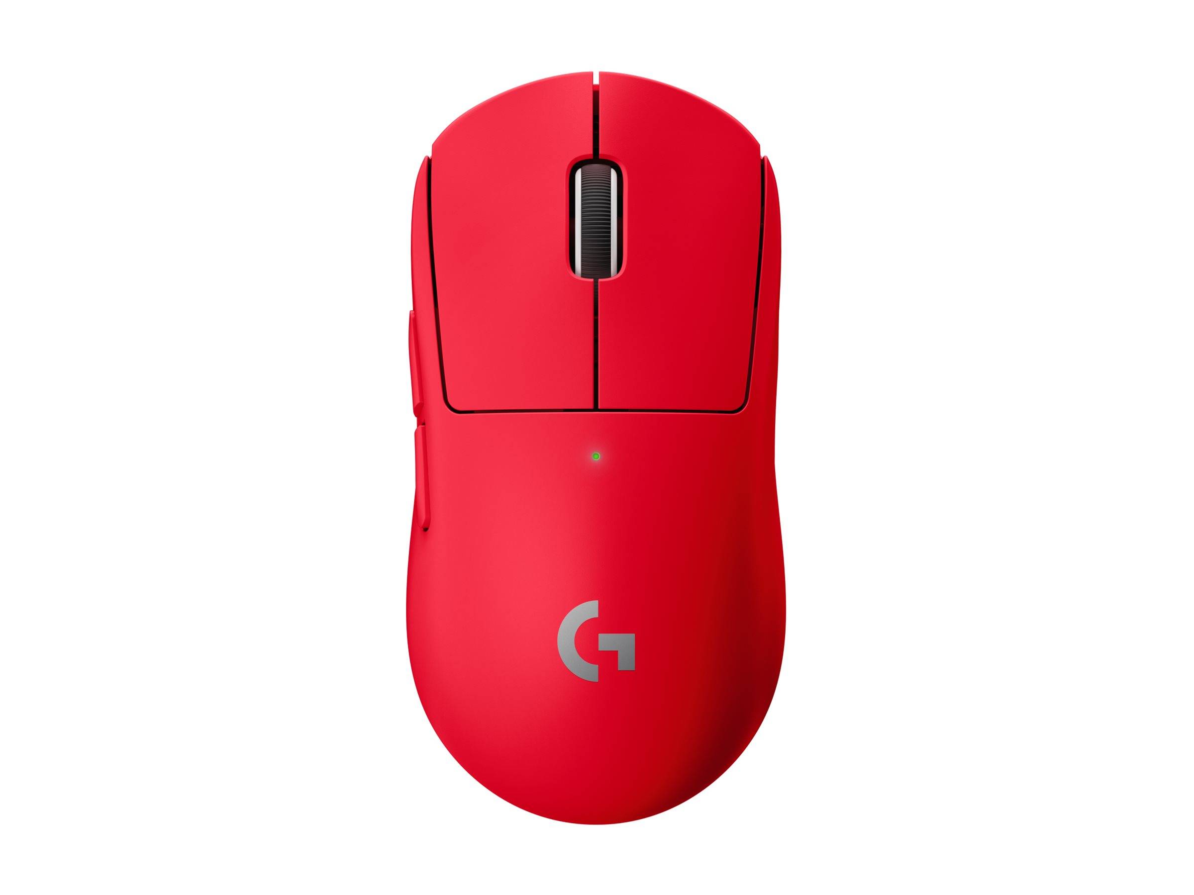 Rote kabellose Computermaus mit zentralem Scrollrad und Logitech G-Logo auf weißem Hintergrund.