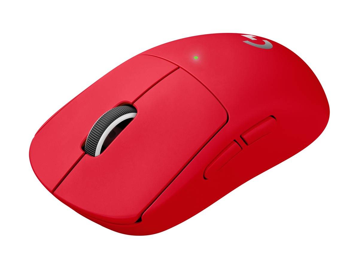 Rote kabellose Computermaus mit Scrollrad und Seitentasten auf weißem Hintergrund.