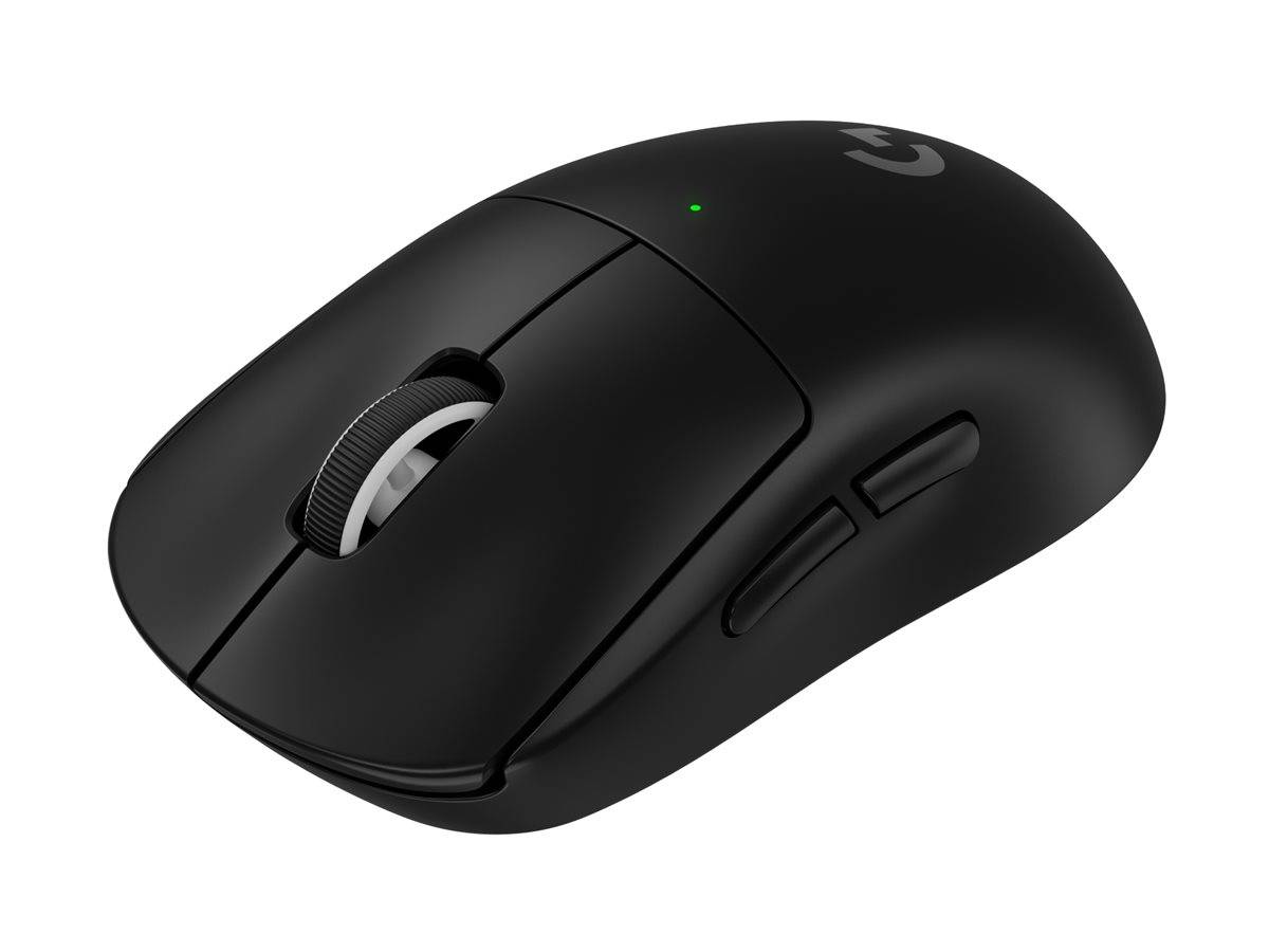 Schwarze kabellose Computermaus mit Scrollrad, zwei Seitentasten und einem kleinen grünen Anzeigelicht auf einfachem Hintergrund.