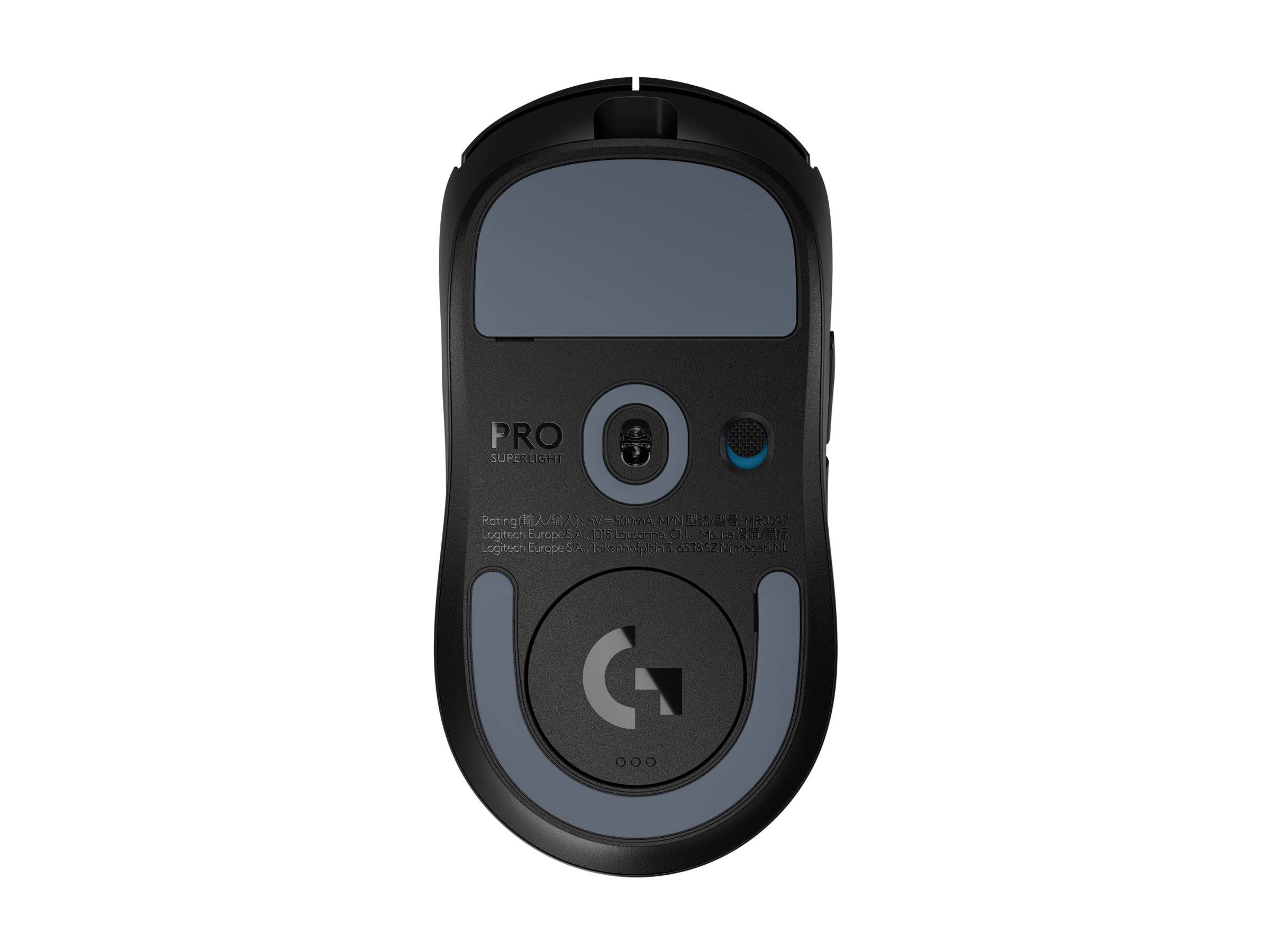 Frontansicht einer schwarzen drahtlosen Logitech Pro-Maus mit grauen Akzenten, zentralem Scrollrad und kleinem Statuslicht.