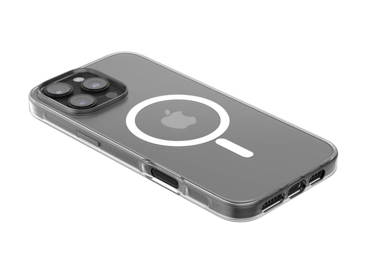Eine durchsichtige Handyhülle mit einem weißen MagSafe-Ring und Liniendesign auf der Rückseite, die auf einem Smartphone mit dreifacher Kameraeinheit präsentiert wird.