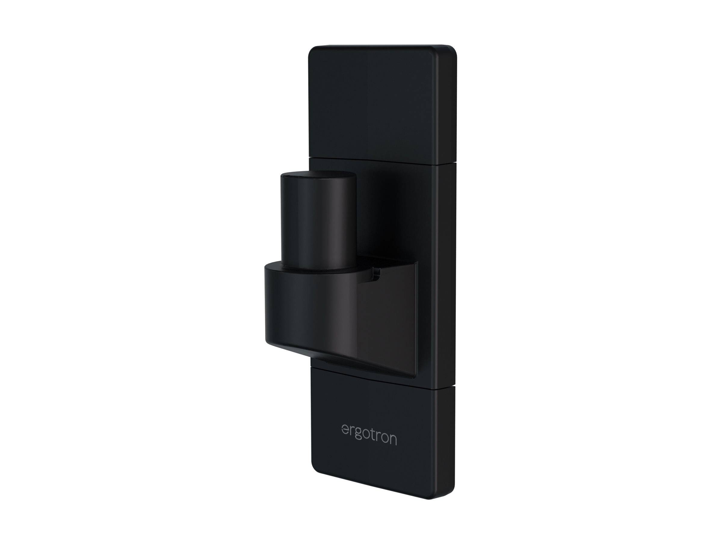 Schwarze Ergotron wandmontierte Monitor-Armhalterung mit zylindrischem Drehpunkt und rechteckiger Befestigungsplatte auf weißem Hintergrund