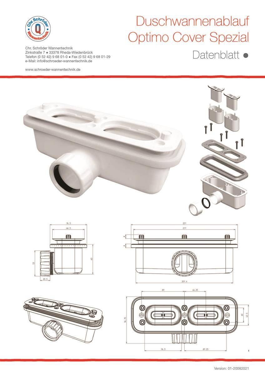 Schröder Duschwannenablauf Optimo Cover Spezial waagerecht