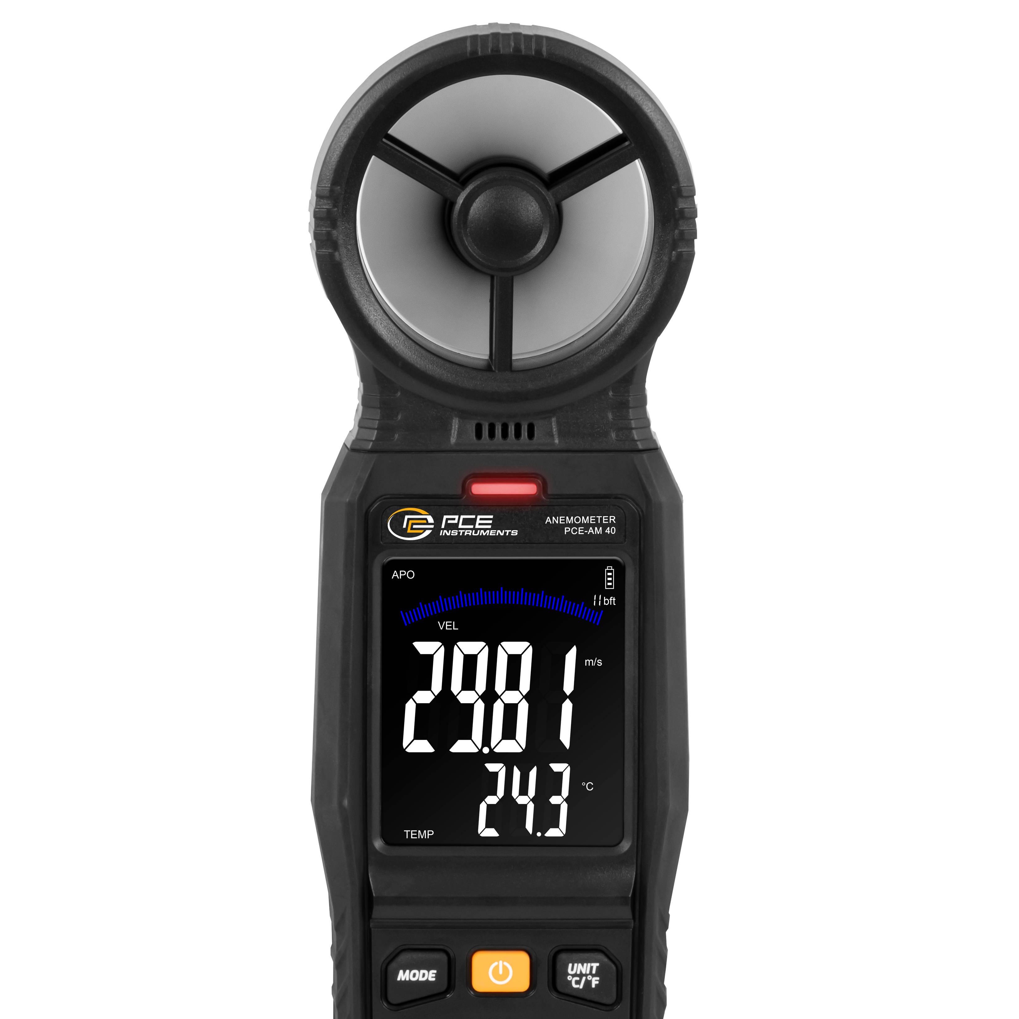 PCE Instruments Anemometer PCE-AM 40 |0..45 m/s |Auflösung 0,001 m/s |0..45 °C |0..9999 m³/min |km/h ft/min kn ft/s m³/s
