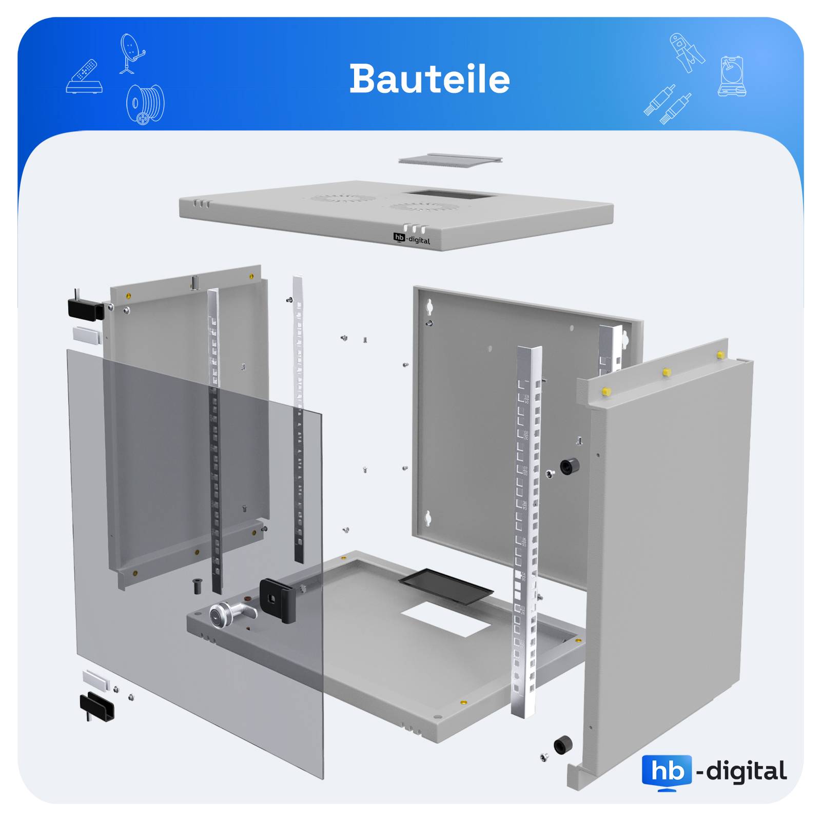 hb-digital Serverschrank 19 Zoll 12HE Wandgehäuse 595x 540x 400 mm IP20 hellgrau