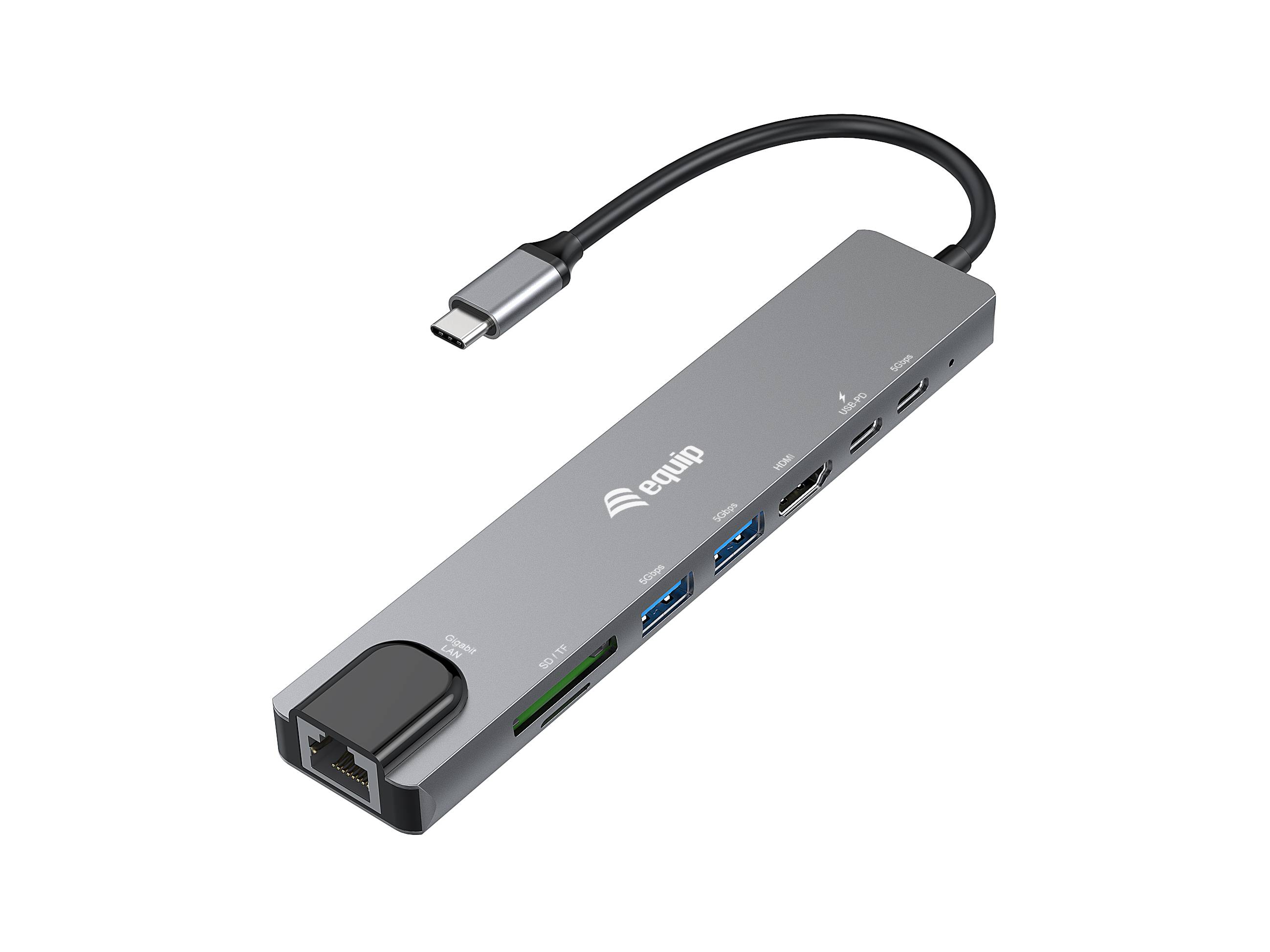 USB-C-Hub-Adapter mit Ethernet-Anschluss, Kartensteckplatz und mehreren USB/HDMI-ähnlichen Anschlüssen auf einem grauen rechteckigen Gerät.
