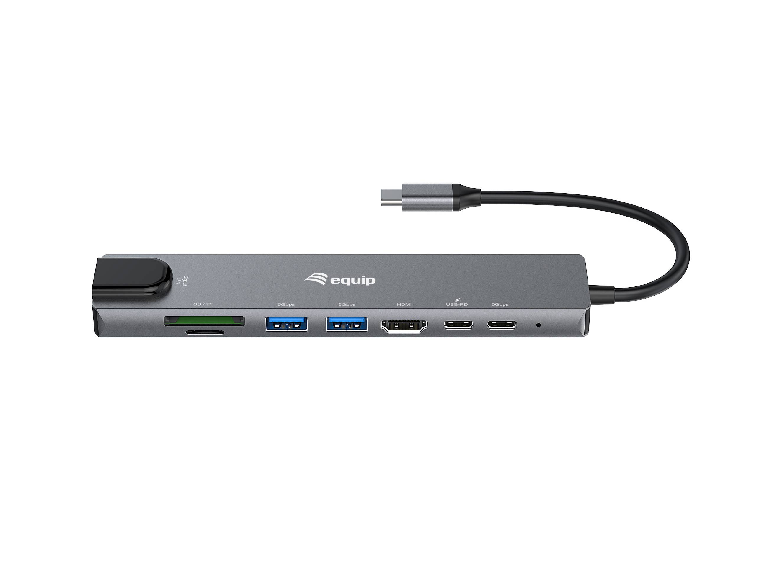 Silberne USB-C-Dockingstation mit angebrachtem Kabel, SD-Kartensteckplatz, zwei USB-A-Anschlüsse, HDMI, USB-C und Audiobuchse