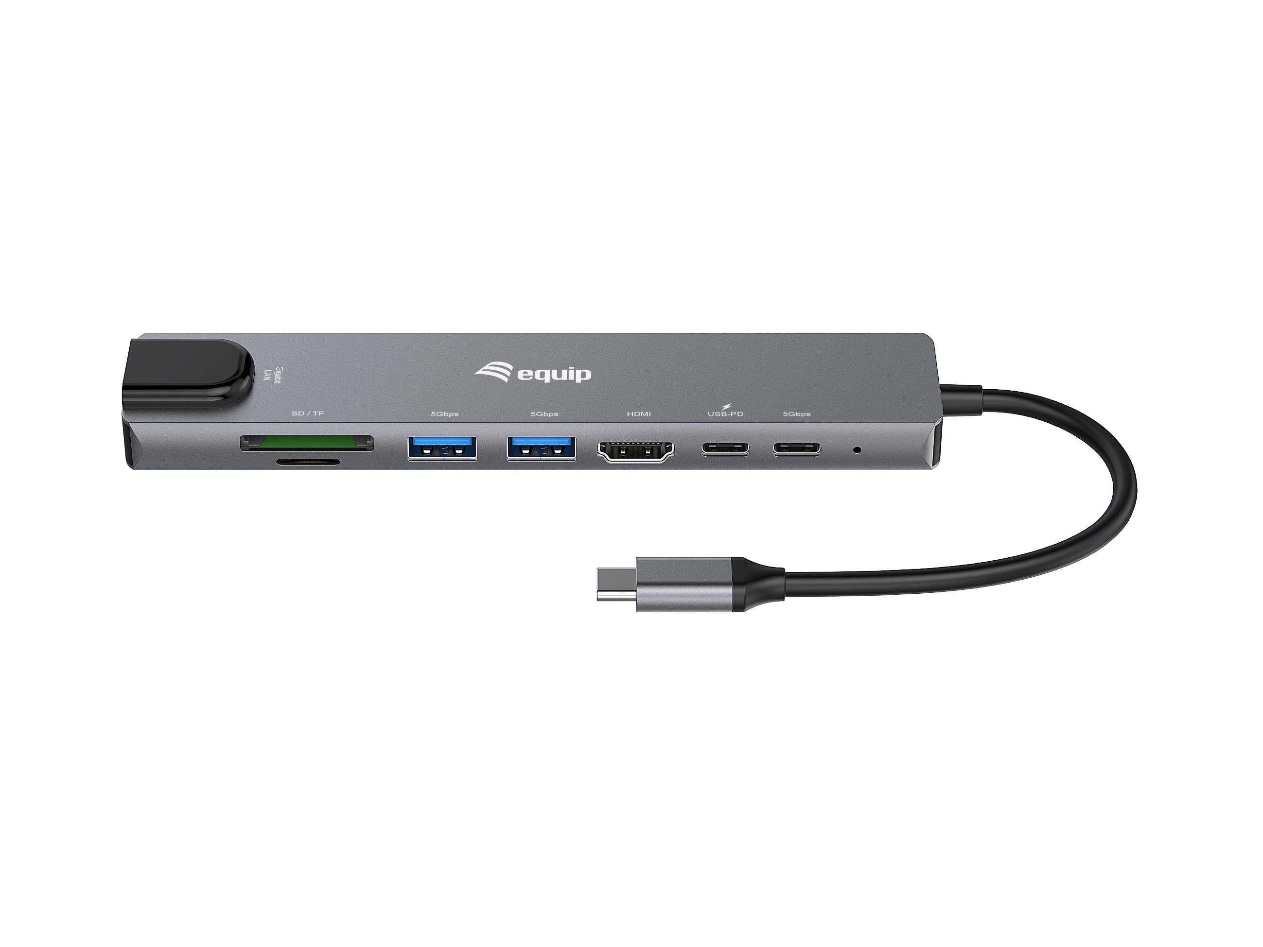 Ein silberner Equip USB-C-Hub mit mehreren Anschlüssen, darunter USB-A, HDMI, Ethernet und Kartensteckplätze, angebracht an einem USB-C-Kabel.