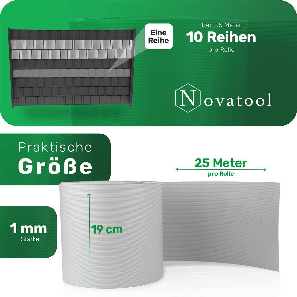 Novatool PREMIUM PP 75m Rollen Sichtschutzstreifen für Doppelstabmattenzaun FENSTER GRAU für 30 Reihen Stabmattenzaun Sichtschutzstreifen langlebig