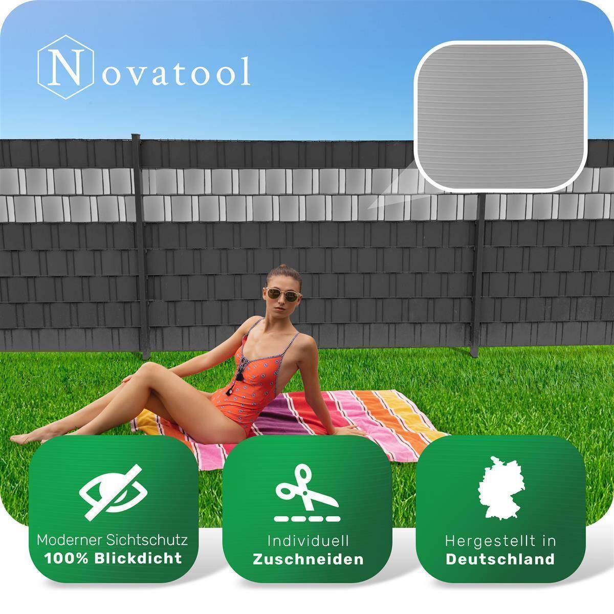 Novatool PREMIUM PP 100m Rollen Sichtschutzstreifen für Doppelstabmattenzaun FENSTER GRAU für 40 Reihen Stabmattenzaun Sichtschutzstreifen langlebig