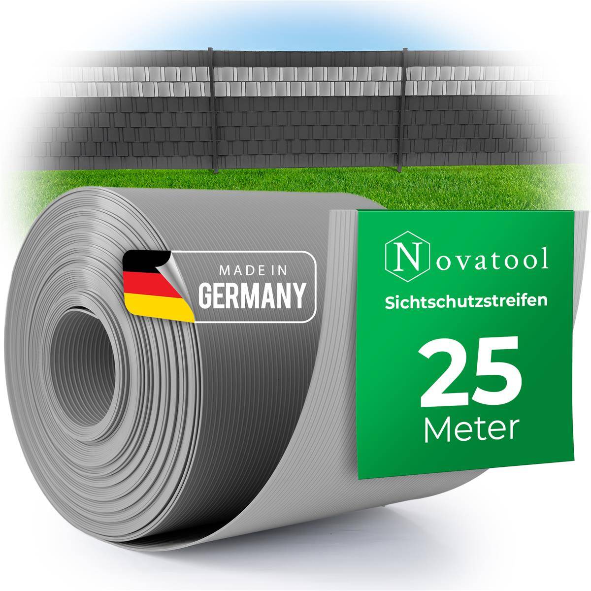 Novatool PREMIUM PP 25m Rolle Sichtschutzstreifen für Doppelstabmattenzaun FENSTER GRAU für 10 Reihen Stabmattenzaun Sichtschutzstreifen langlebig