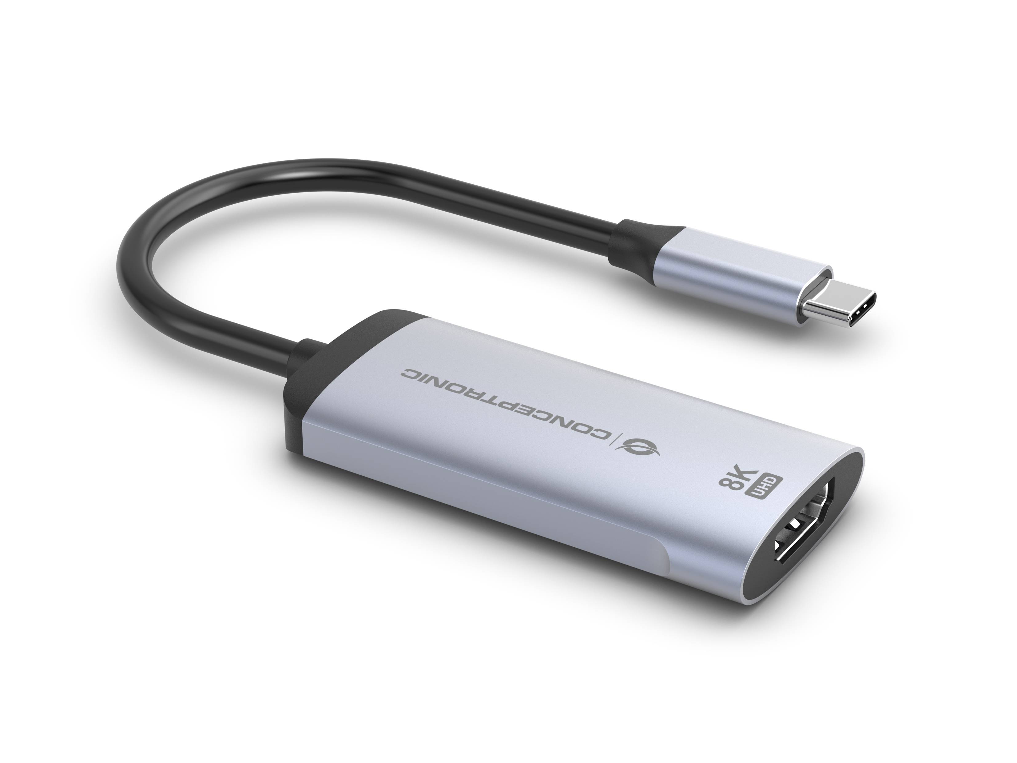 USB-C-auf-HDMI-Adapterkabel mit silbernem Steckergehäuse, beschriftet mit 