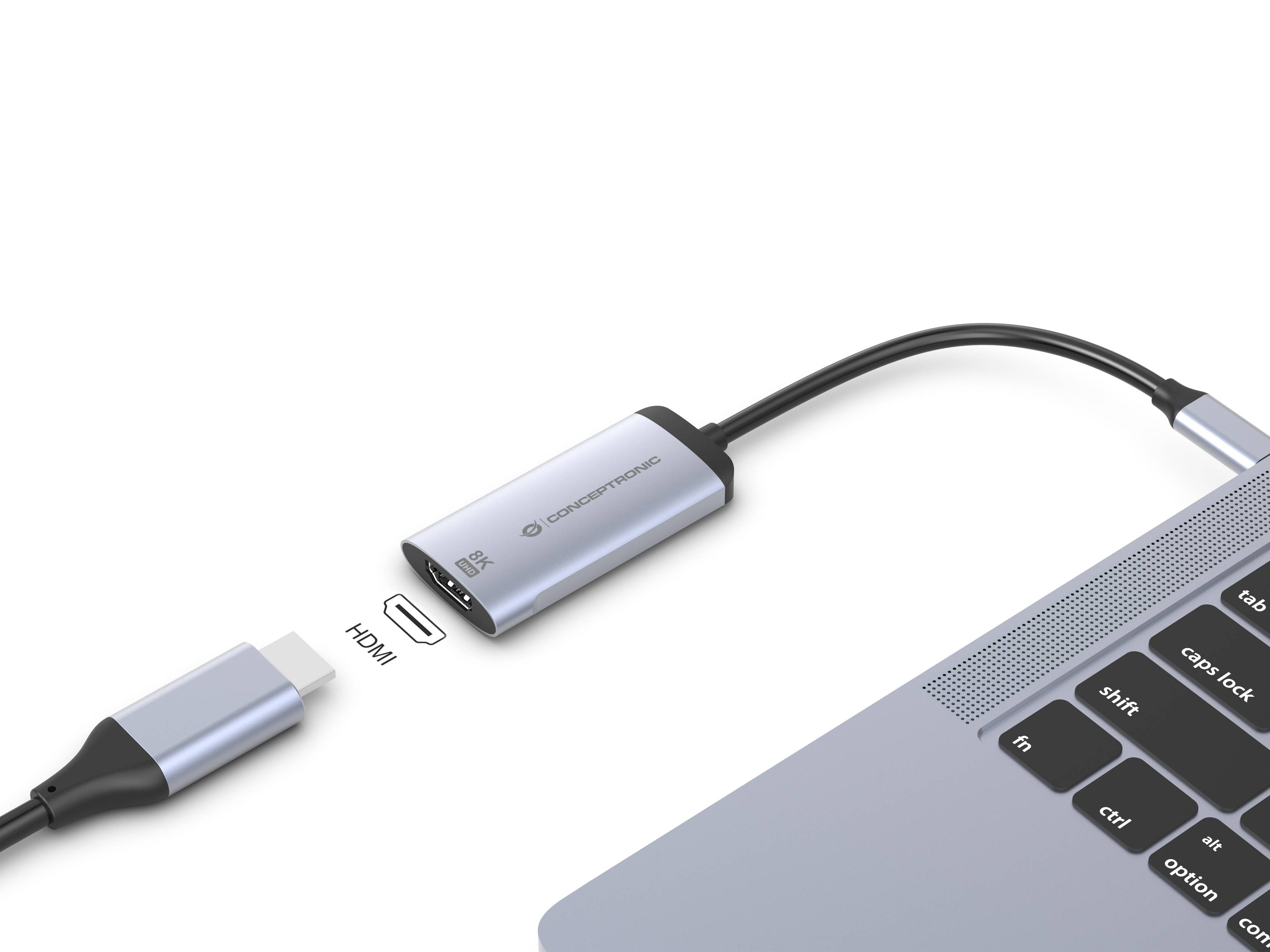 USB-C-Kabel verbunden mit einem Laptop über einen kompakten Hub, mit einem separierten HDMI-Adapter in der Nähe, gekennzeichnet mit „HDMI