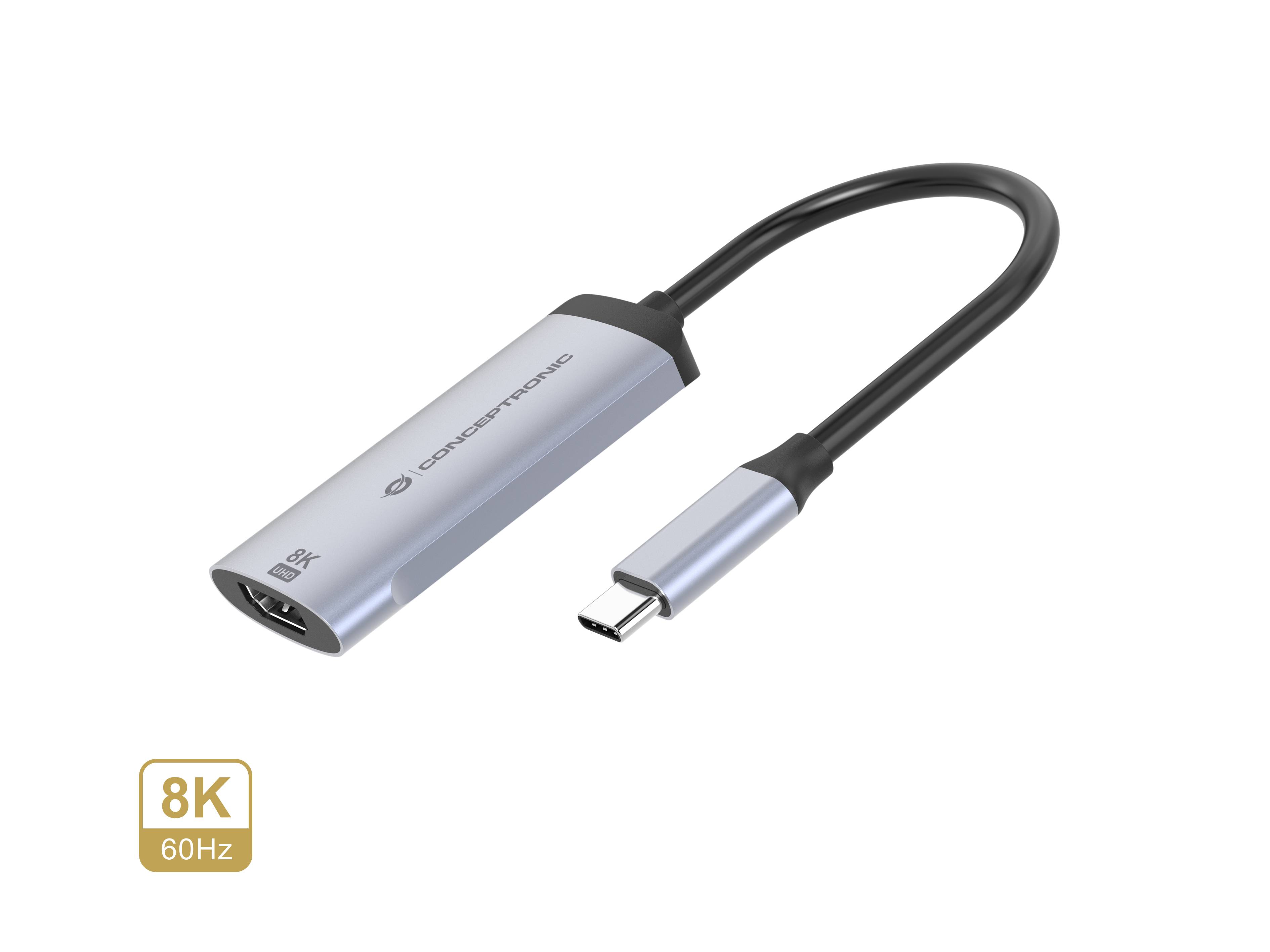 USB-C-auf-HDMI-Adapterkabel mit 8K-60Hz-Beschriftung, dargestellt auf weißem Hintergrund.