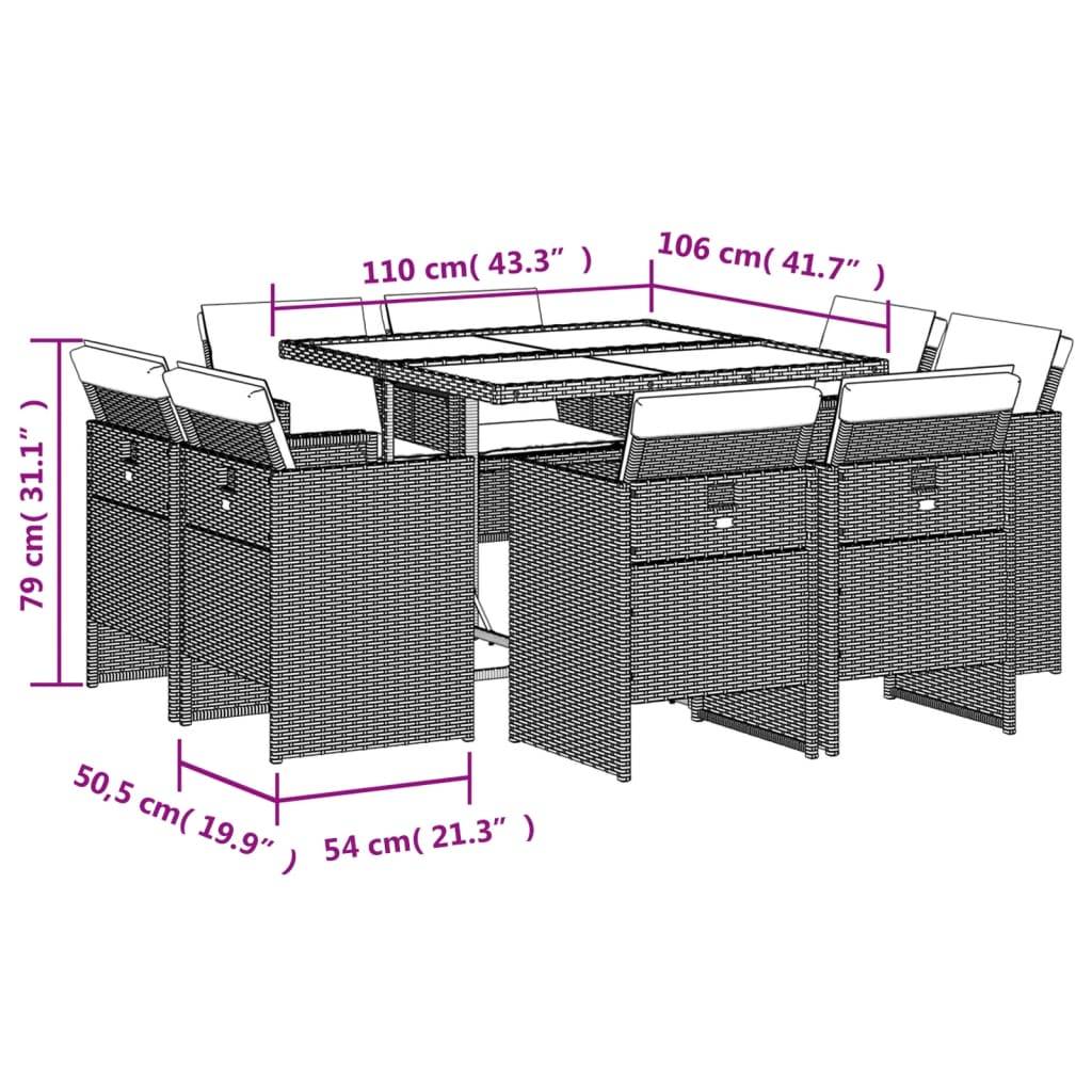 vidaXL 9-tlg. Garten-Essgruppe mit Kissen Braun Poly Rattan