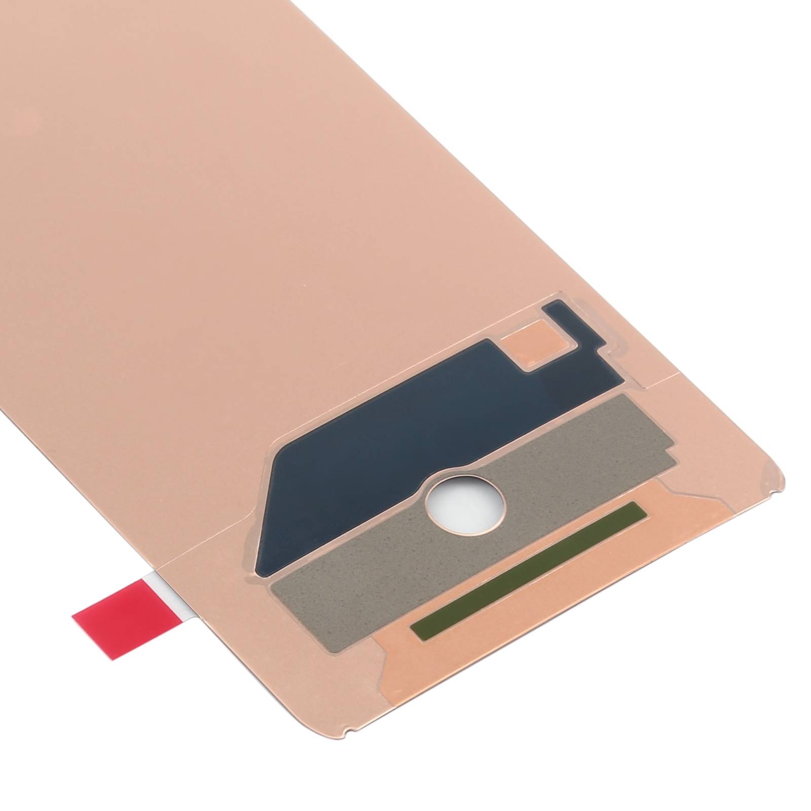 Nahaufnahme eines flexiblen kupferfarbenen Films mit klebstoffbeschichteten Ausschnitten und einer roten Lasche, wahrscheinlich eine elektronische Komponente oder Sensorschicht.