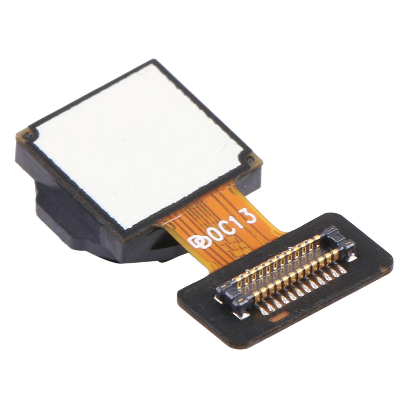 Kleines quadratisches elektronisches Sensormodul mit flexiblem orangefarbenem Flachbandkabel und Stecker, shown auf weißem Hintergrund.